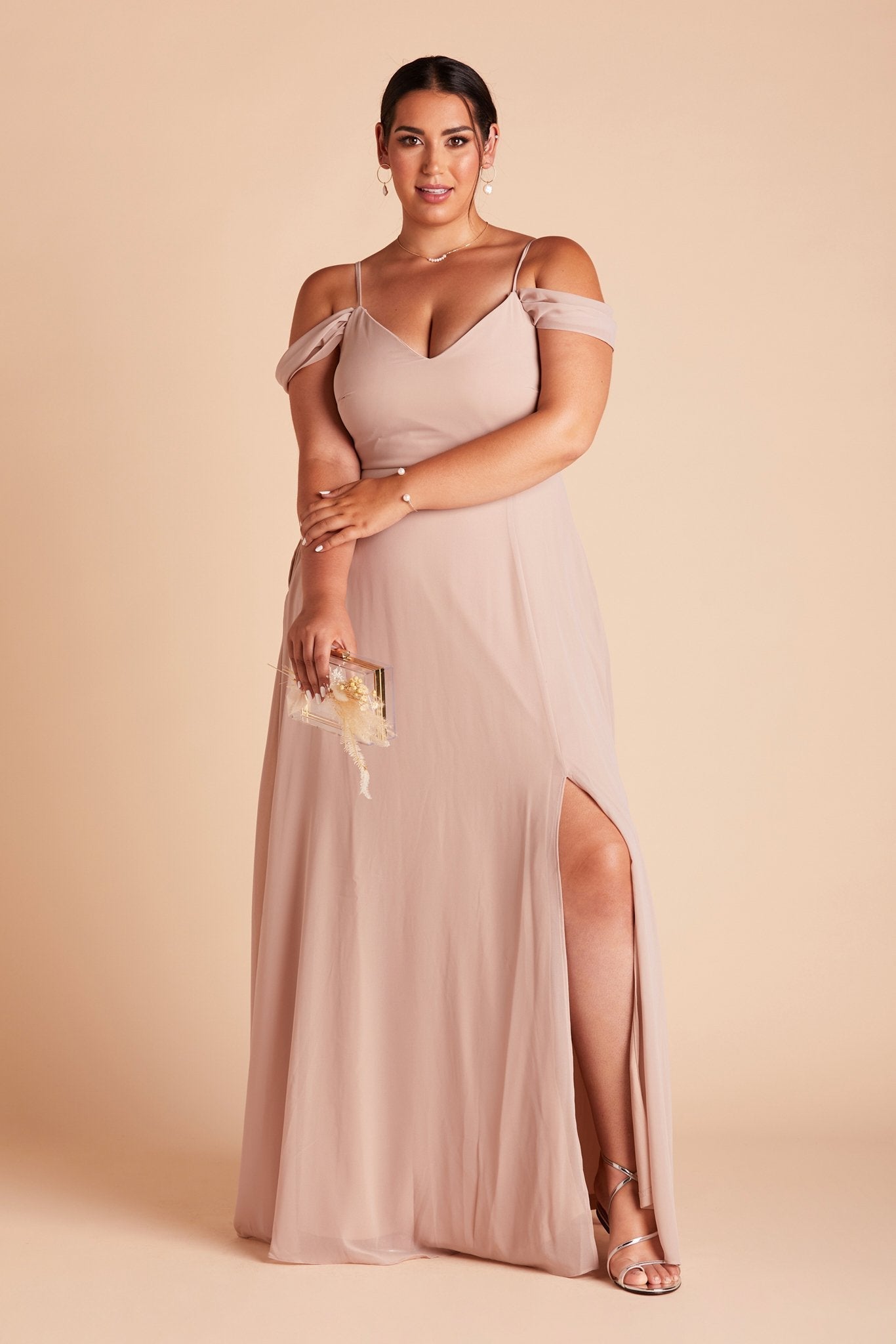 Devin convertible plus size bridesmaids dress with slit in taupe chiffon by Birdy Grey, front view