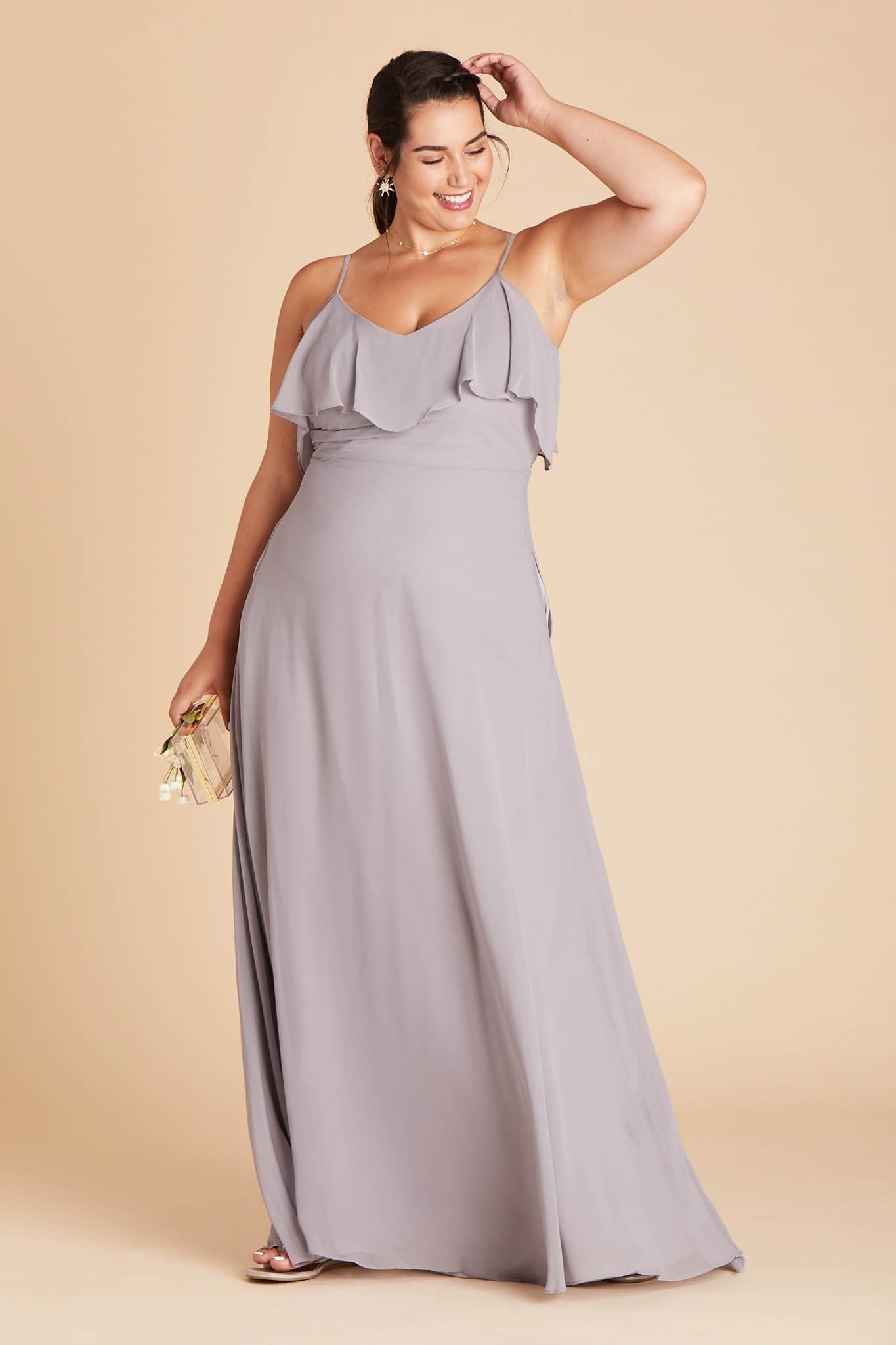 Jane convertible plus size bridesmaid dress in silver chiffon by Birdy Grey, front view