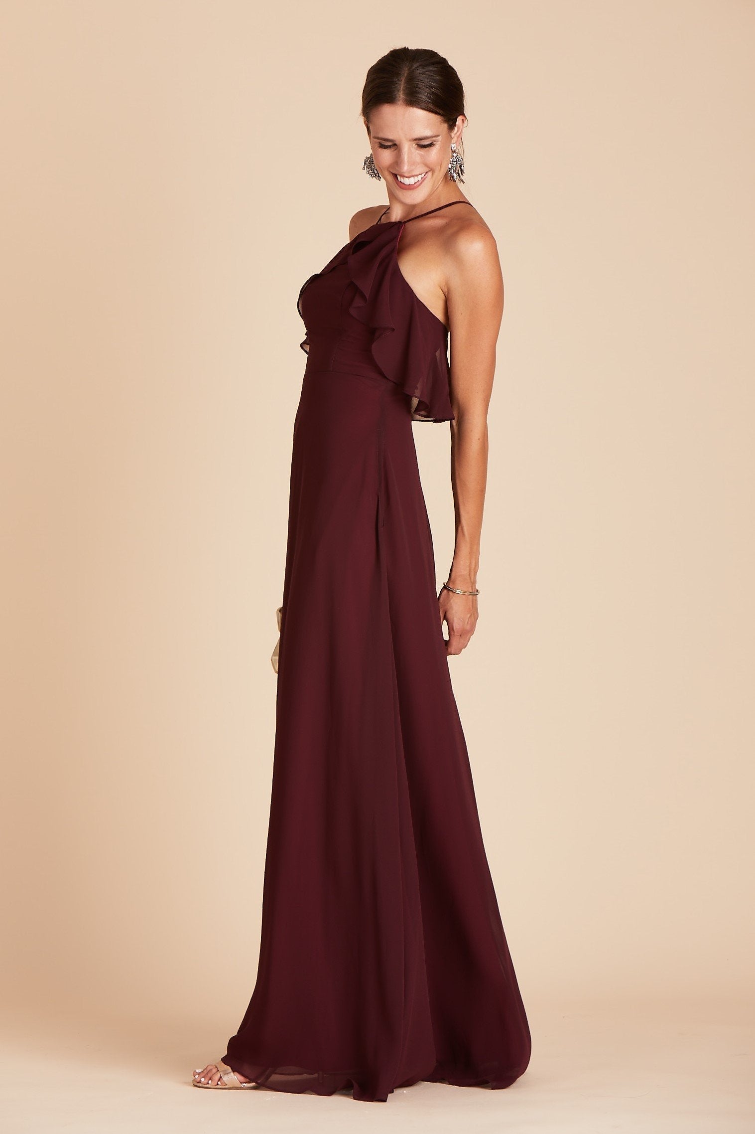 Jules bridesmaid dress in cabernet burgundy chiffon by Birdy Grey, side view