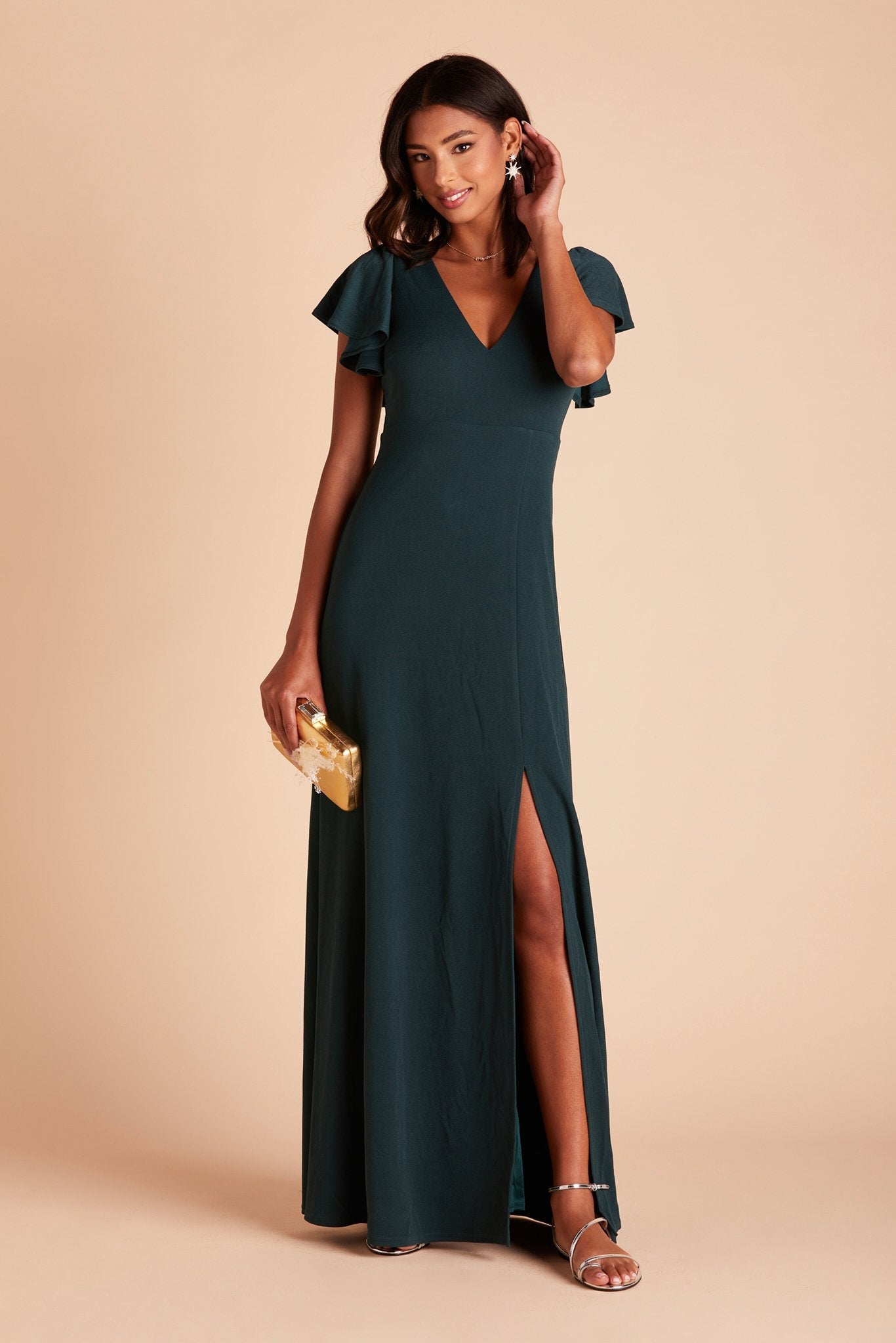 Hannah bridesmaid dress with slit in emerald green crepe by Birdy Grey, front view