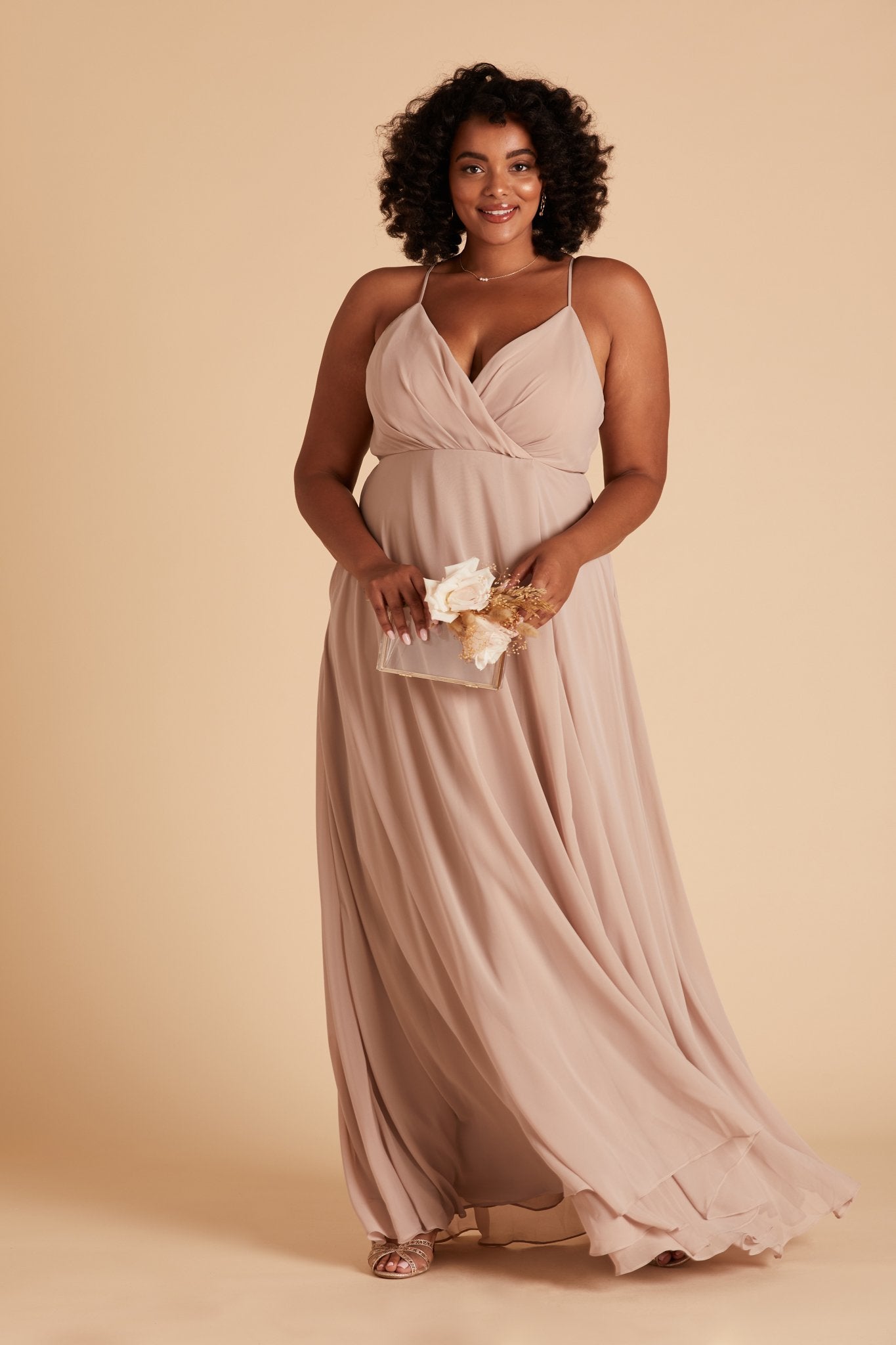 Kaia plus size bridesmaids dress in taupe chiffon by Birdy Grey, front view