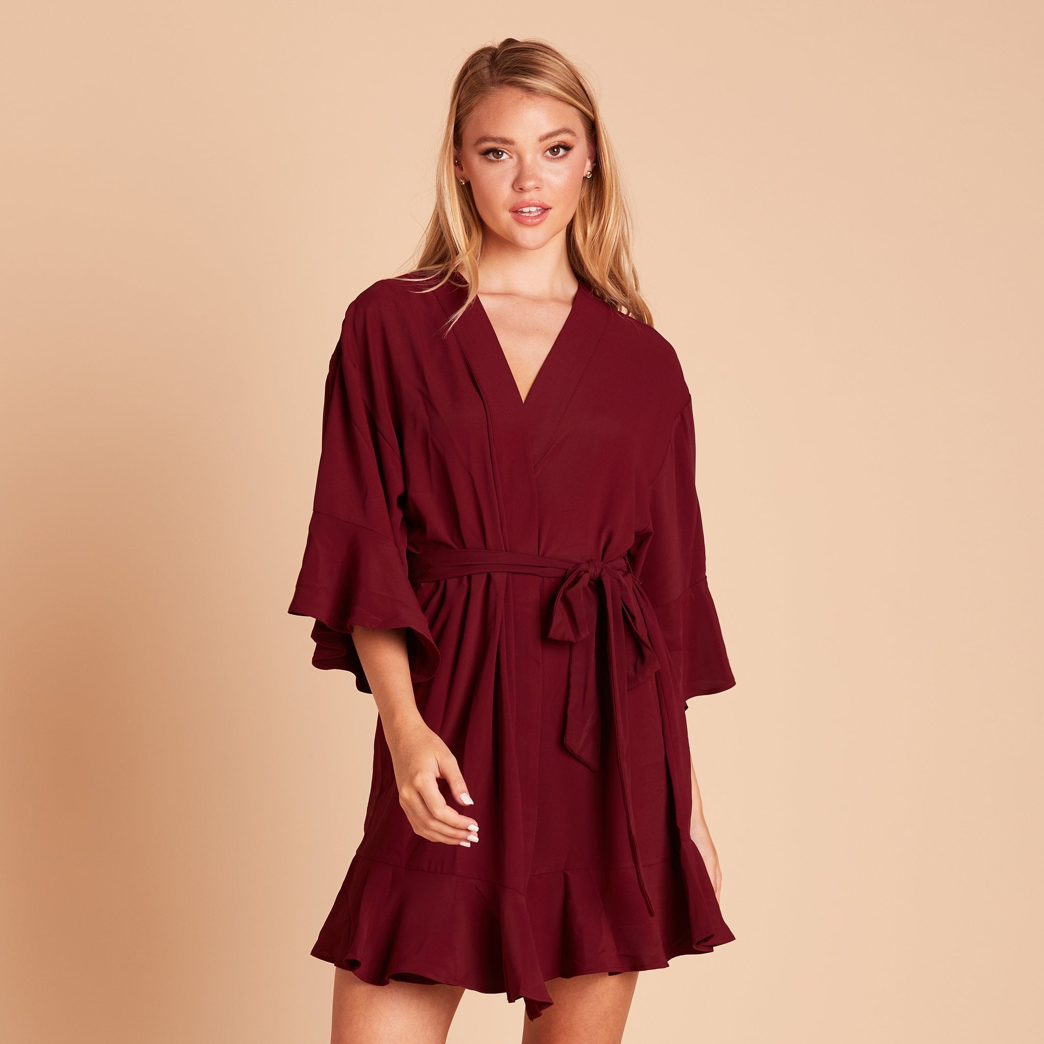 Kenny Ruffle Robe in cabernet burgundy by Birdy Grey, front view