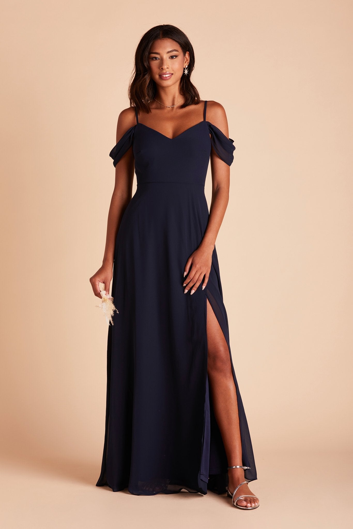 Devin convertible bridesmaid dress with slit in navy blue chiffon by Birdy Grey, front view