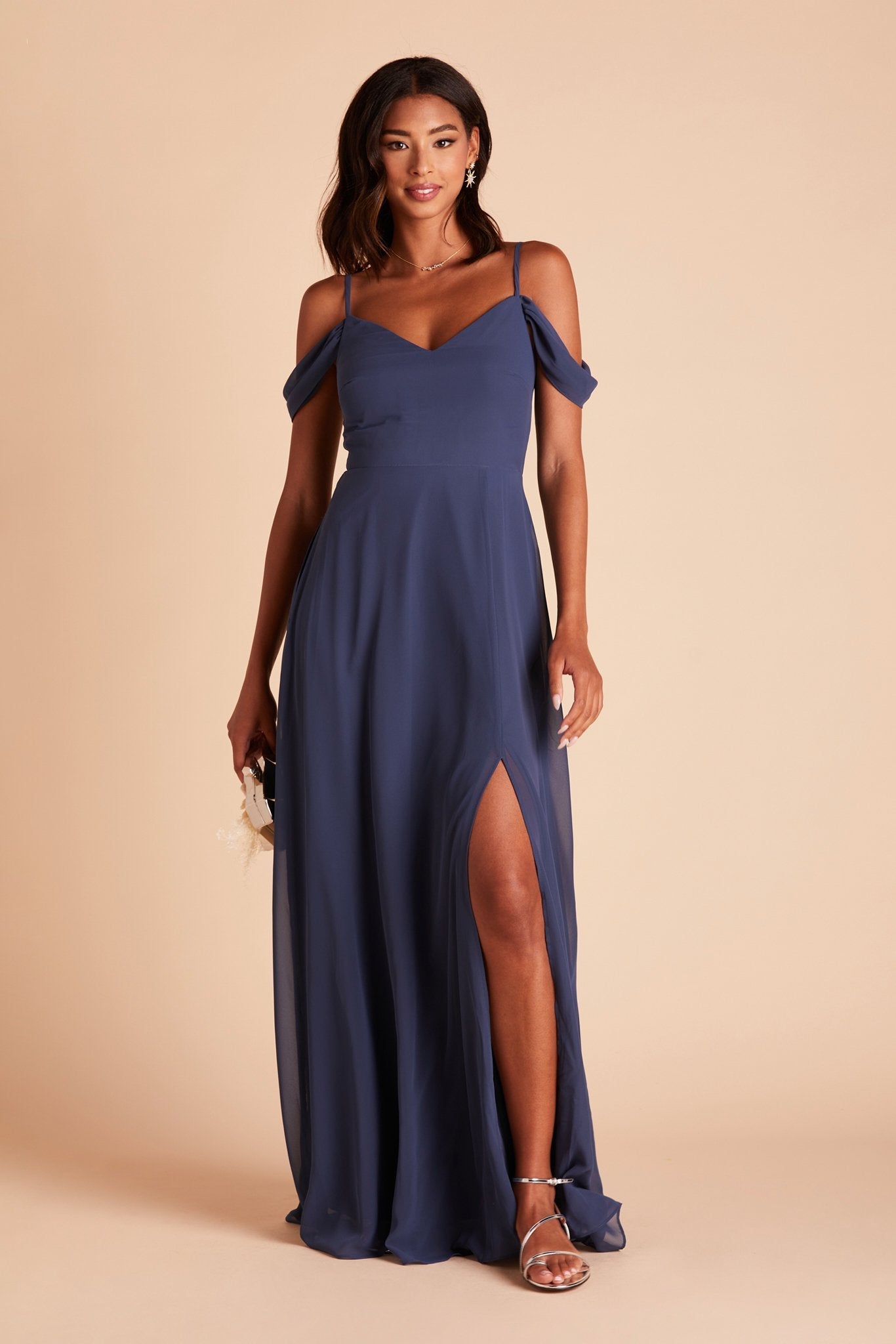 Devin convertible bridesmaids dress with slit in slate blue chiffon by Birdy Grey, front view