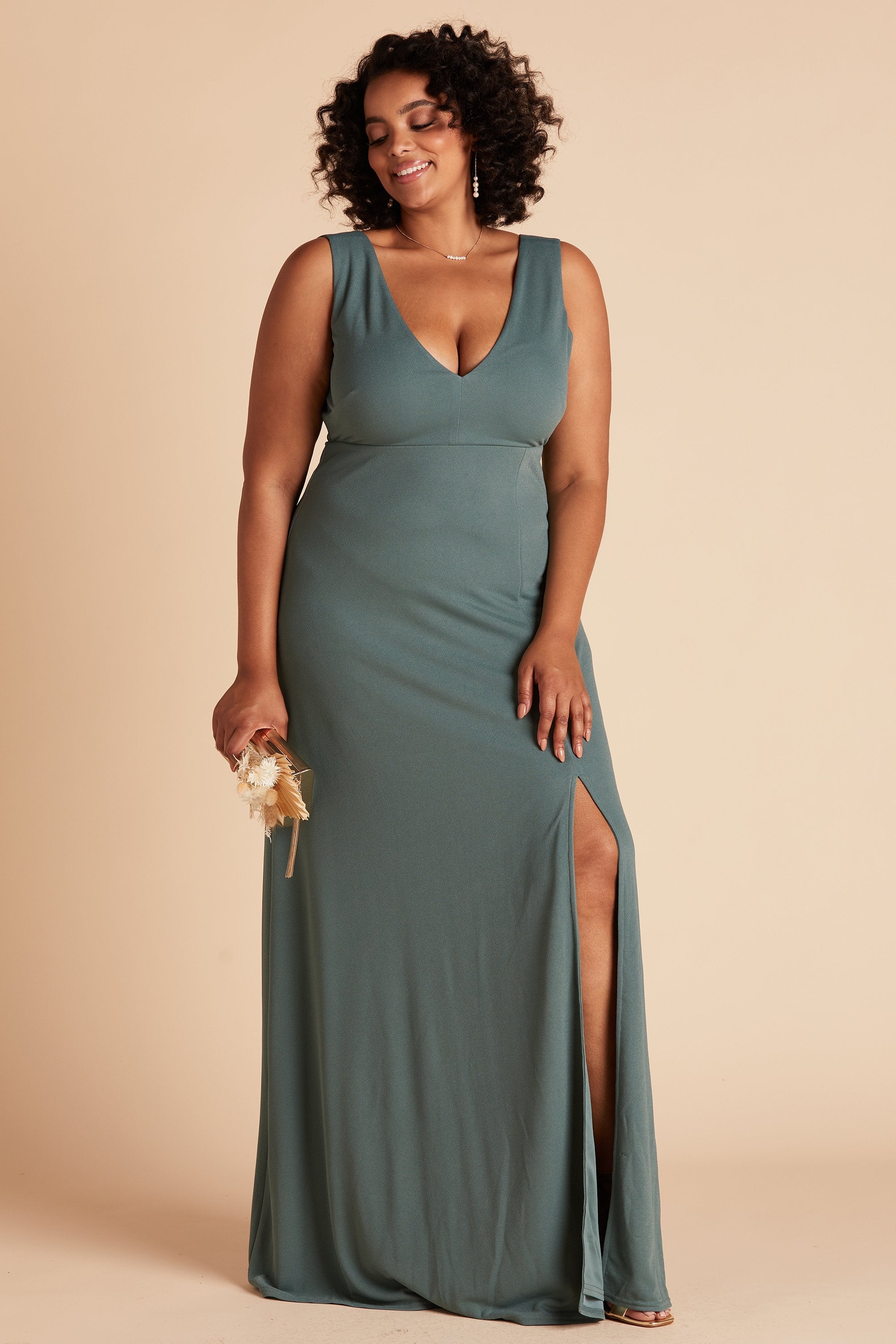 Shamin plus size bridesmaid dress with slit in sea glass green chiffon by Birdy Grey, front view