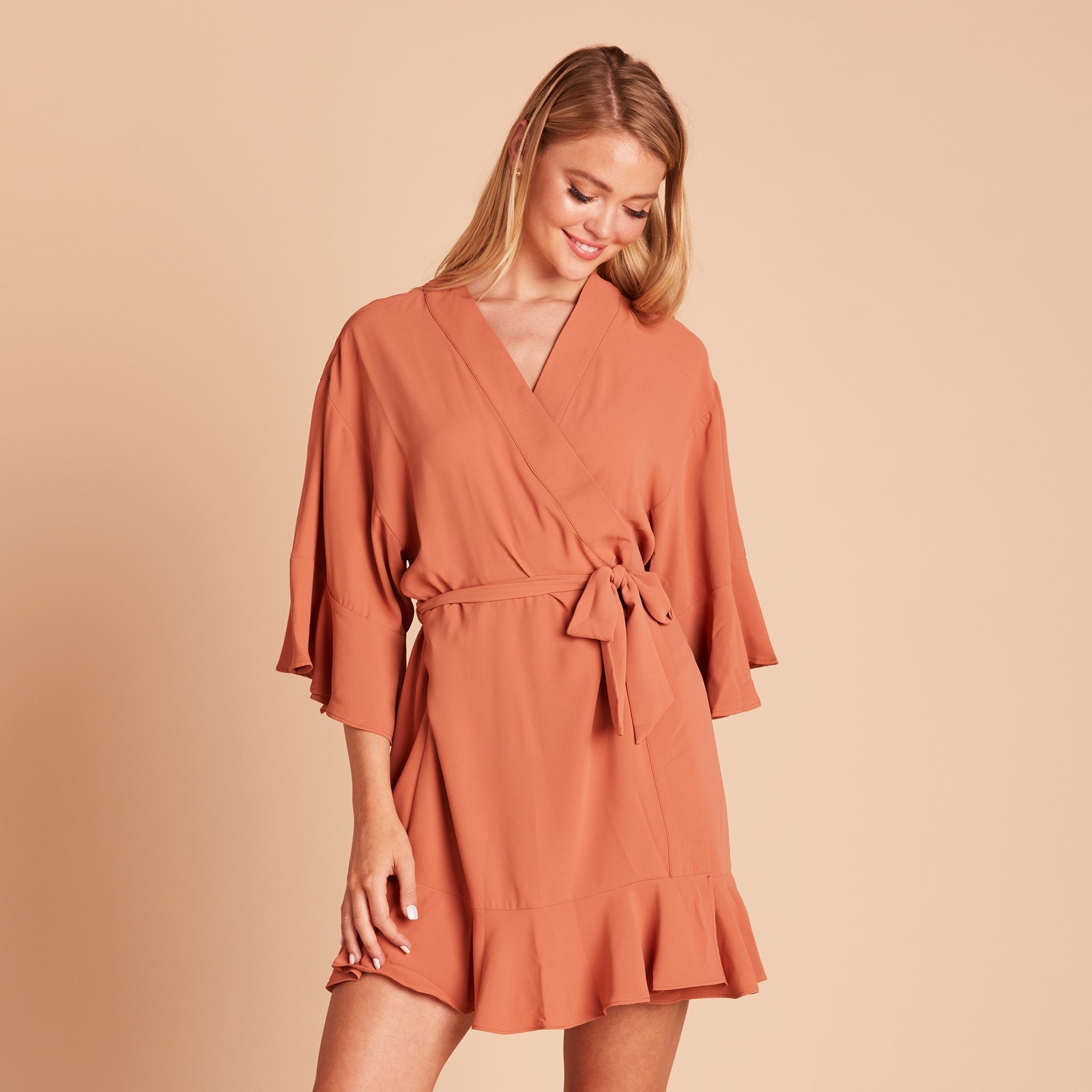 Kenny Ruffle Robe in terracotta by Birdy Grey, front view