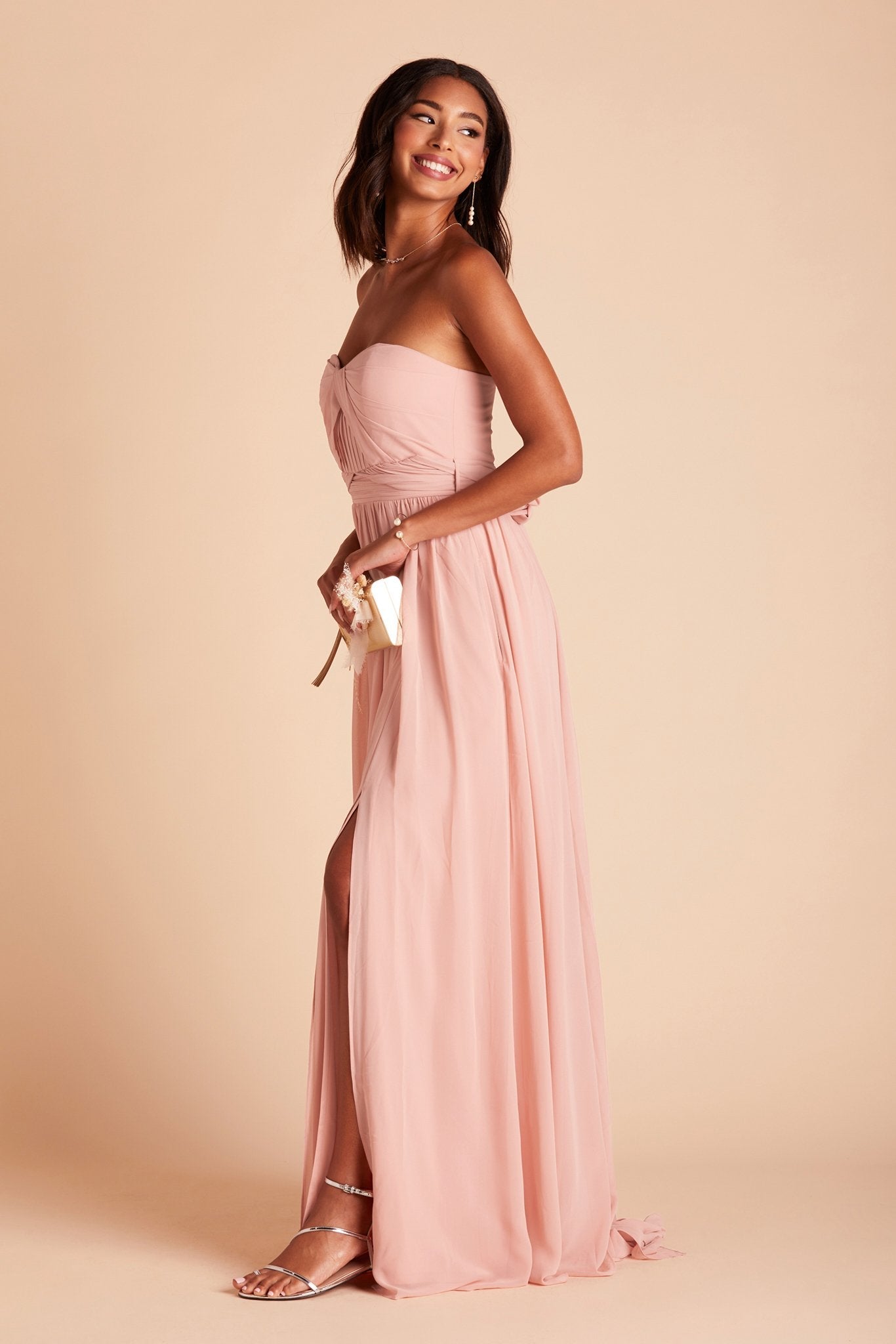 Grace convertible bridesmaid dress with slit in rose quartz pink chiffon by Birdy Grey, side view