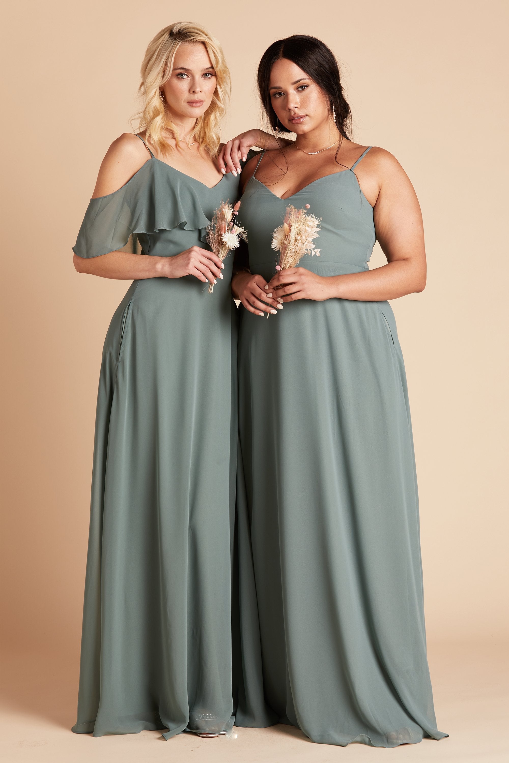 Devin convertible plus size bridesmaids dress in sea glass green chiffon by Birdy Grey, front view