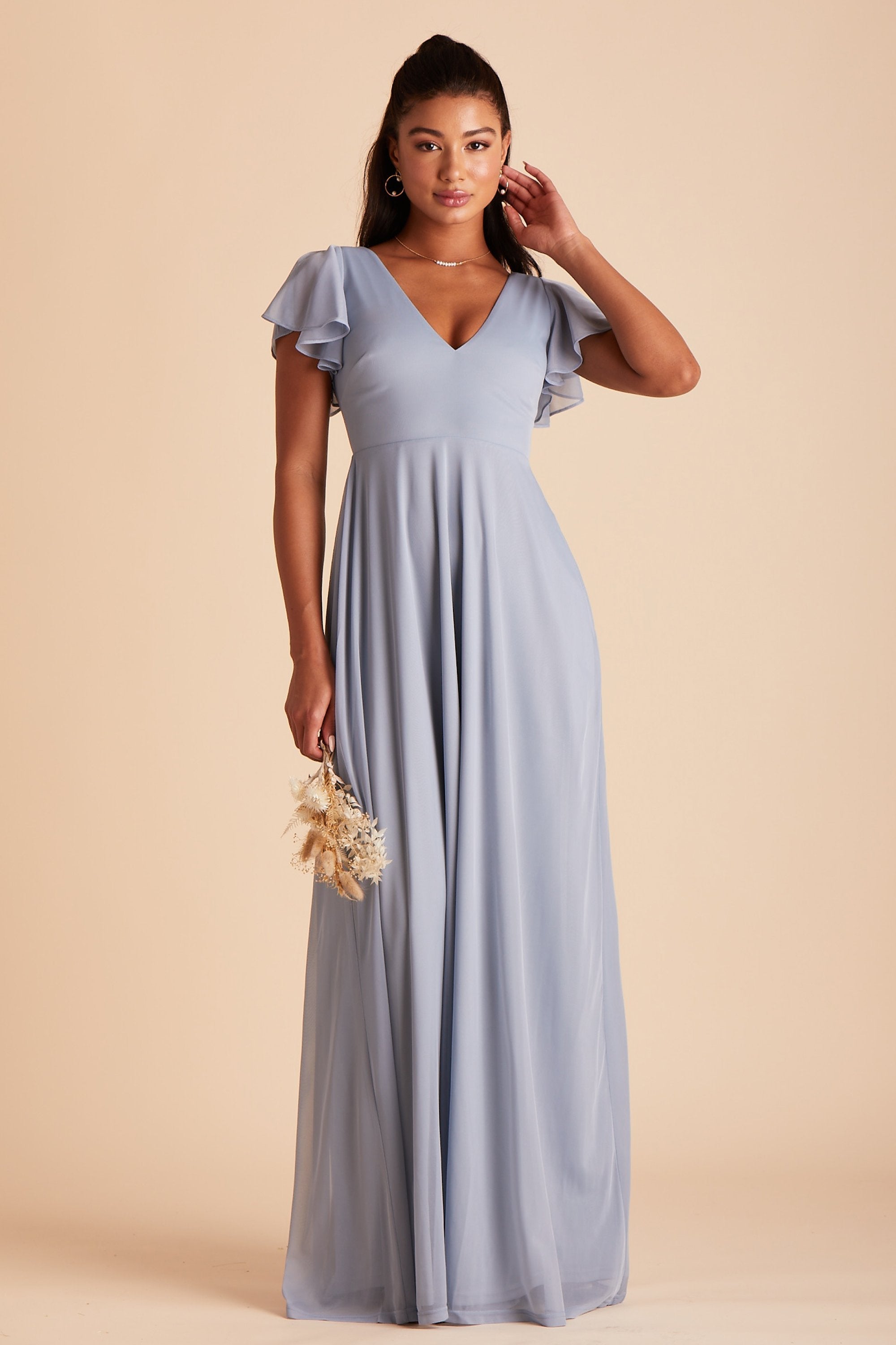 Hannah bridesmaids dress in dusty blue mesh by Birdy Grey, front view