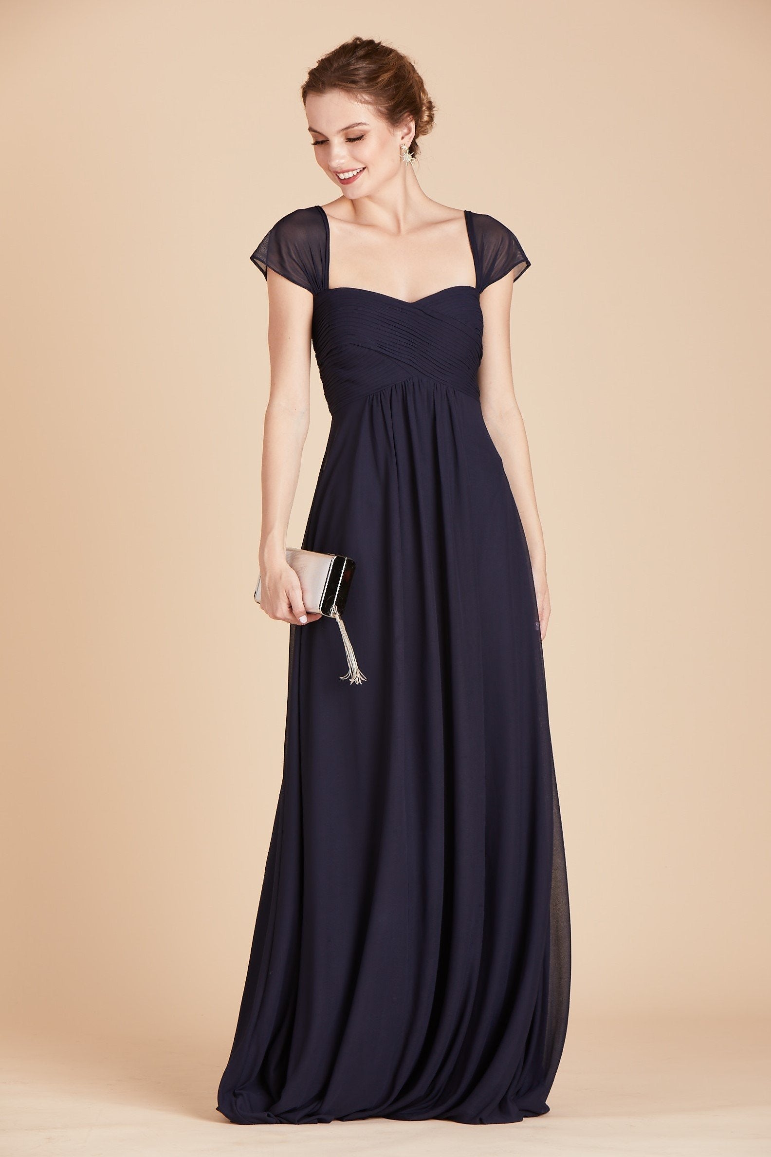 Maria convertible bridesmaids dress in navy blue chiffon by Birdy Grey, front view