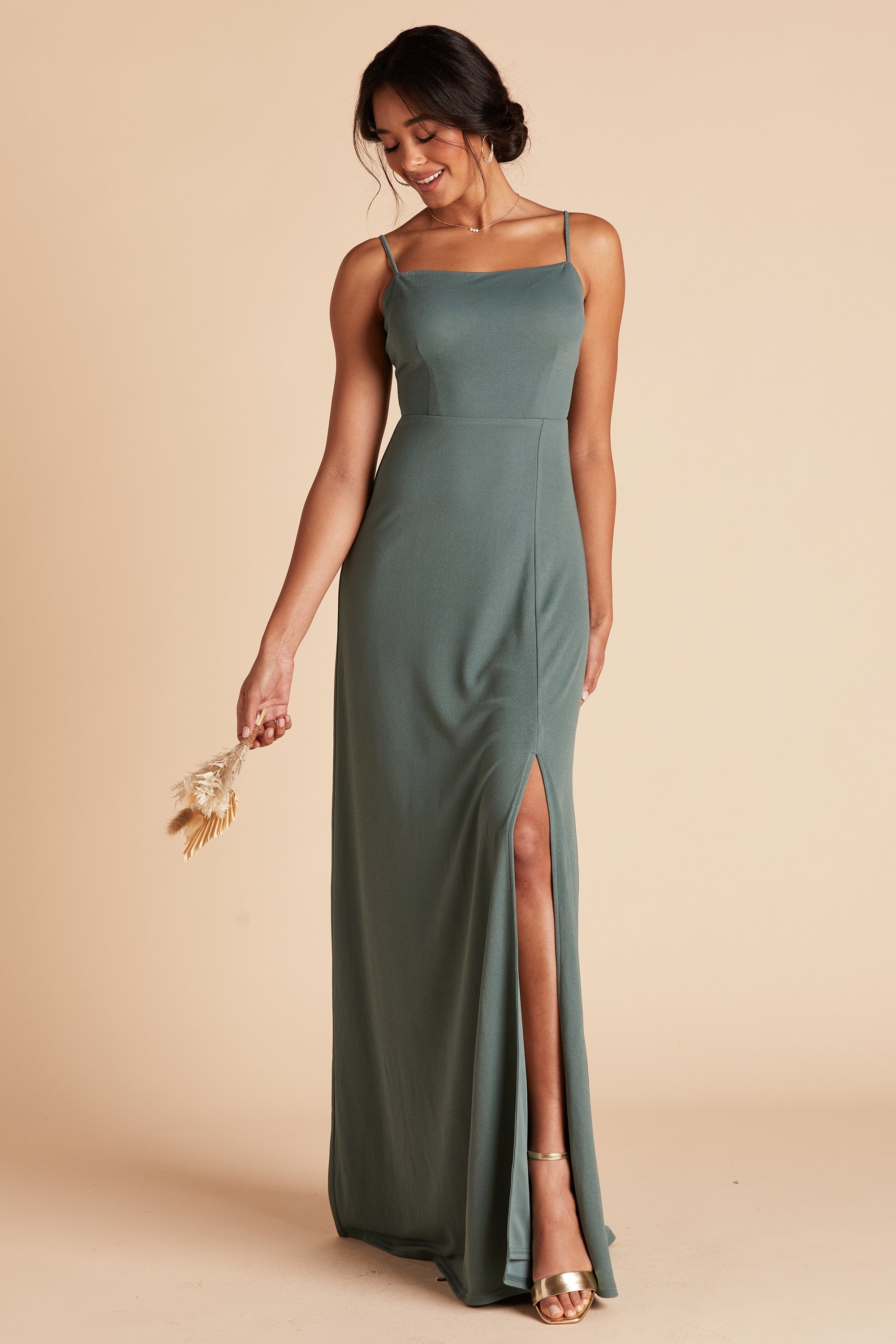 Benny bridesmaid dress with slit in sea glass green crepe by Birdy Grey, front view