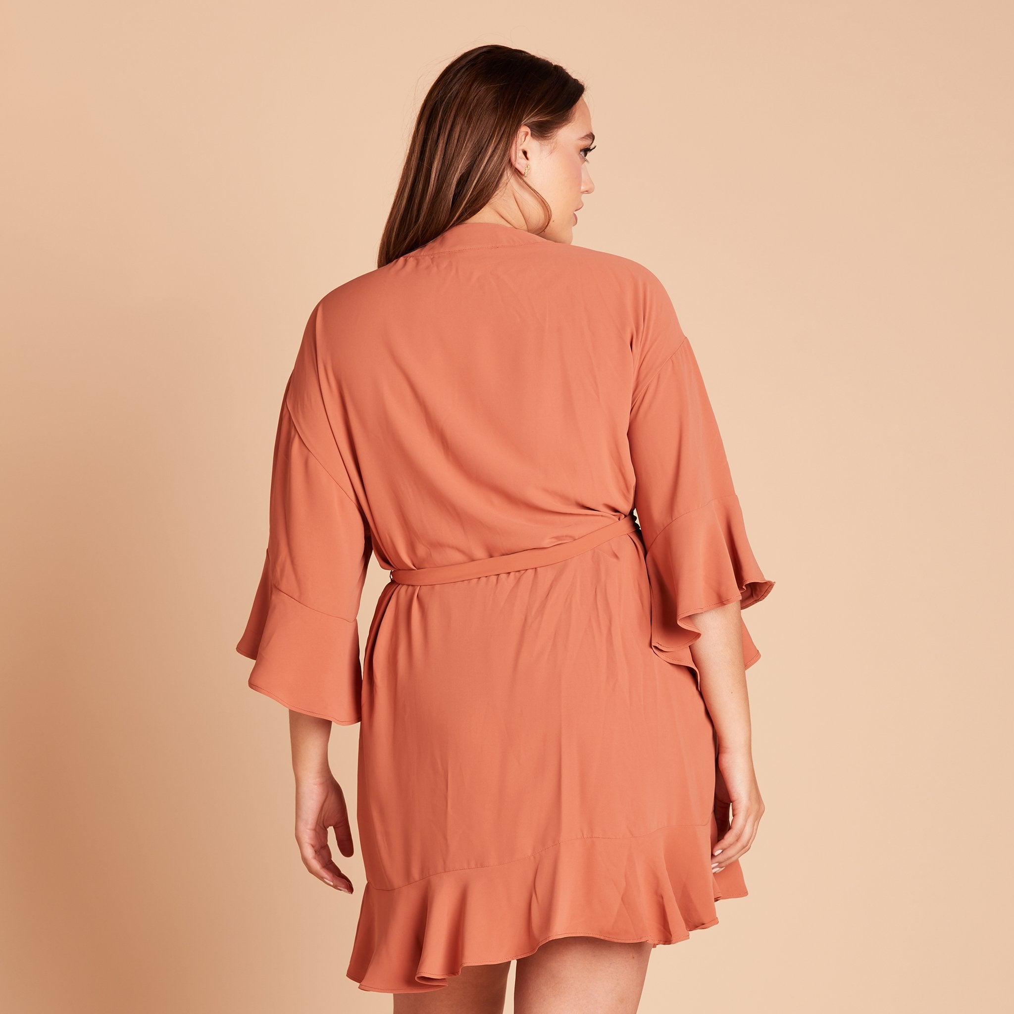 Kenny Ruffle Robe in terracotta by Birdy Grey, back view