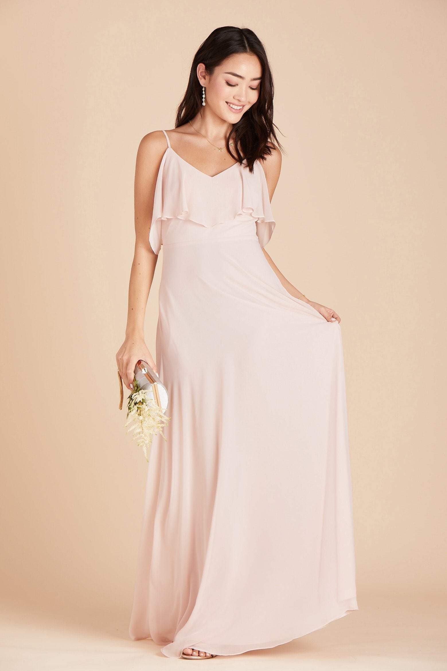 Jane convertible bridesmaid dress in pale blush chiffon by Birdy Grey, front view