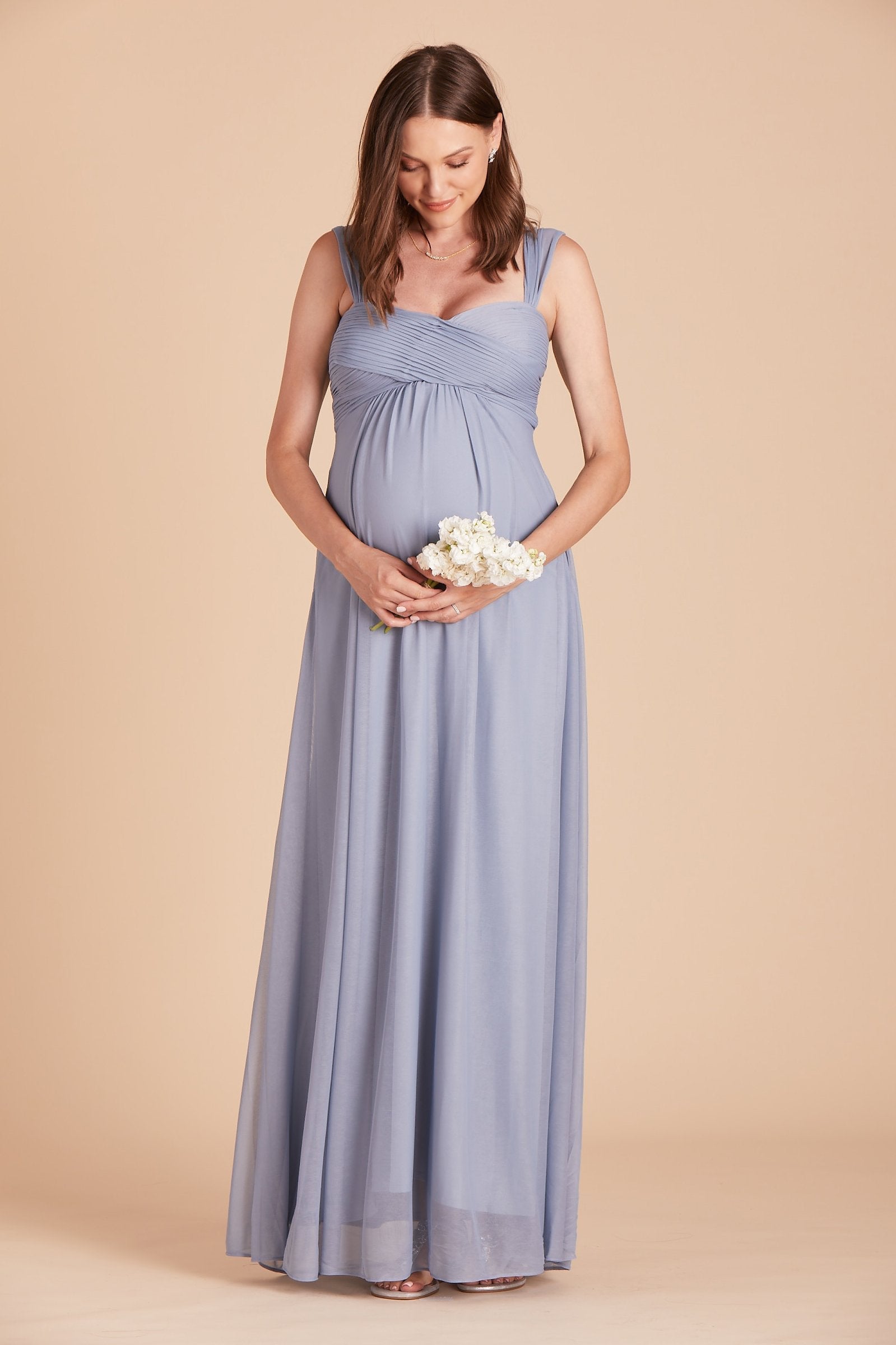 Maria convertible bridesmaids dress in dusty blue chiffon by Birdy Grey, front view