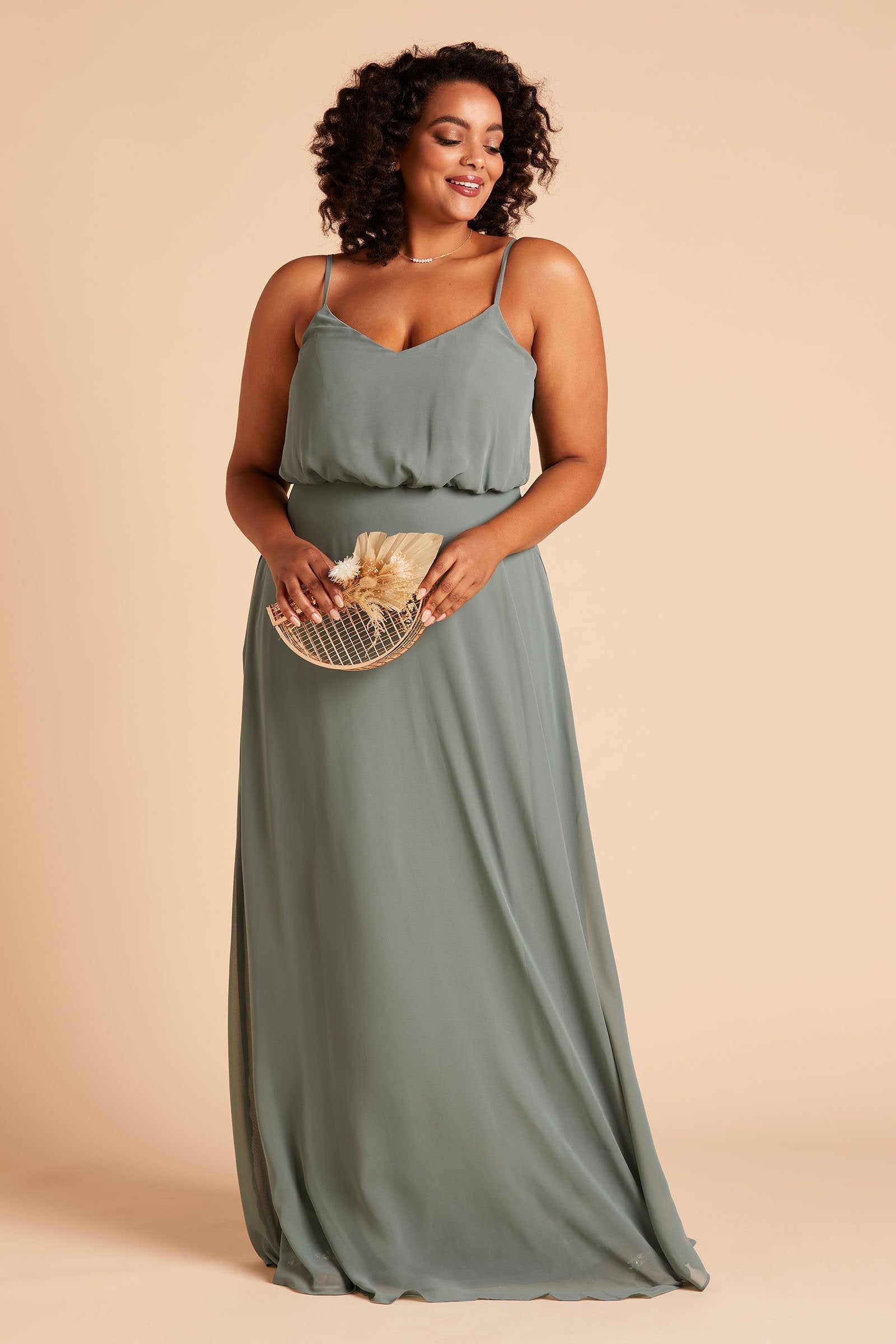 Gwennie plus size bridesmaid dress in sea glass green chiffon by Birdy Grey, front view