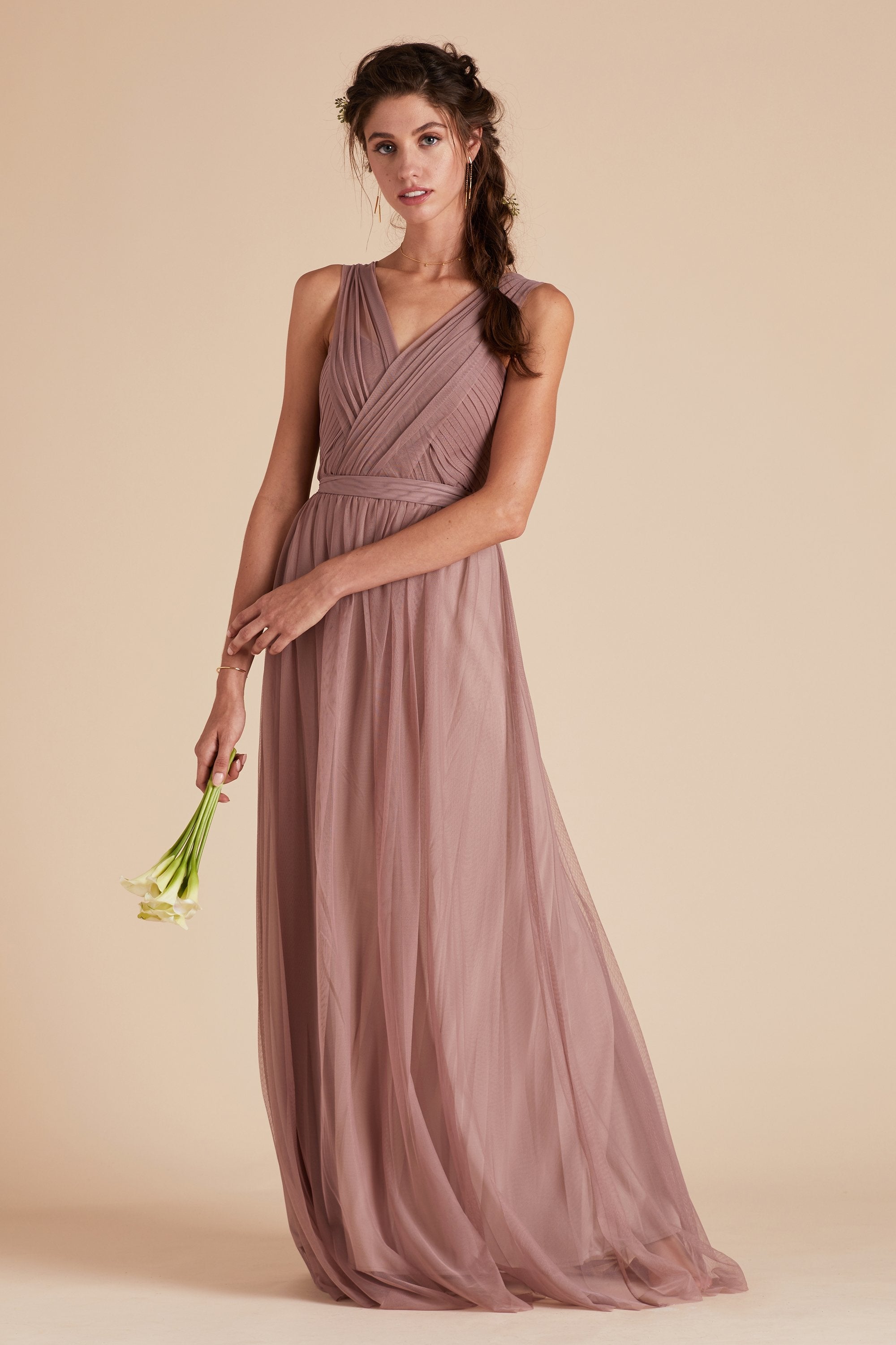 Christina convertible bridesmaid dress in sandy mauve tulle by Birdy Grey, front view