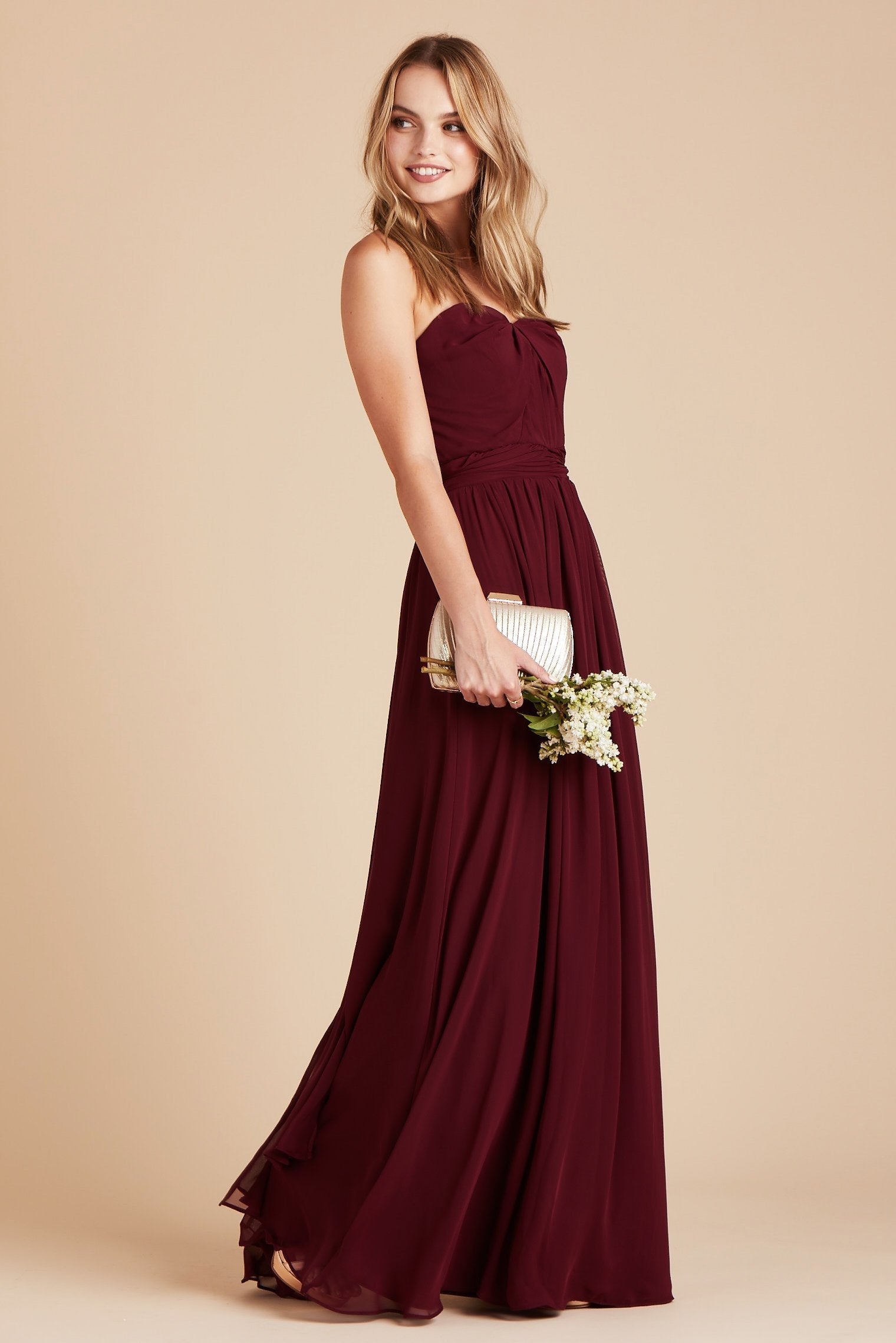 Chinky convertible bridesmaid dress in cabernet burgundy mesh by Birdy Grey, side view