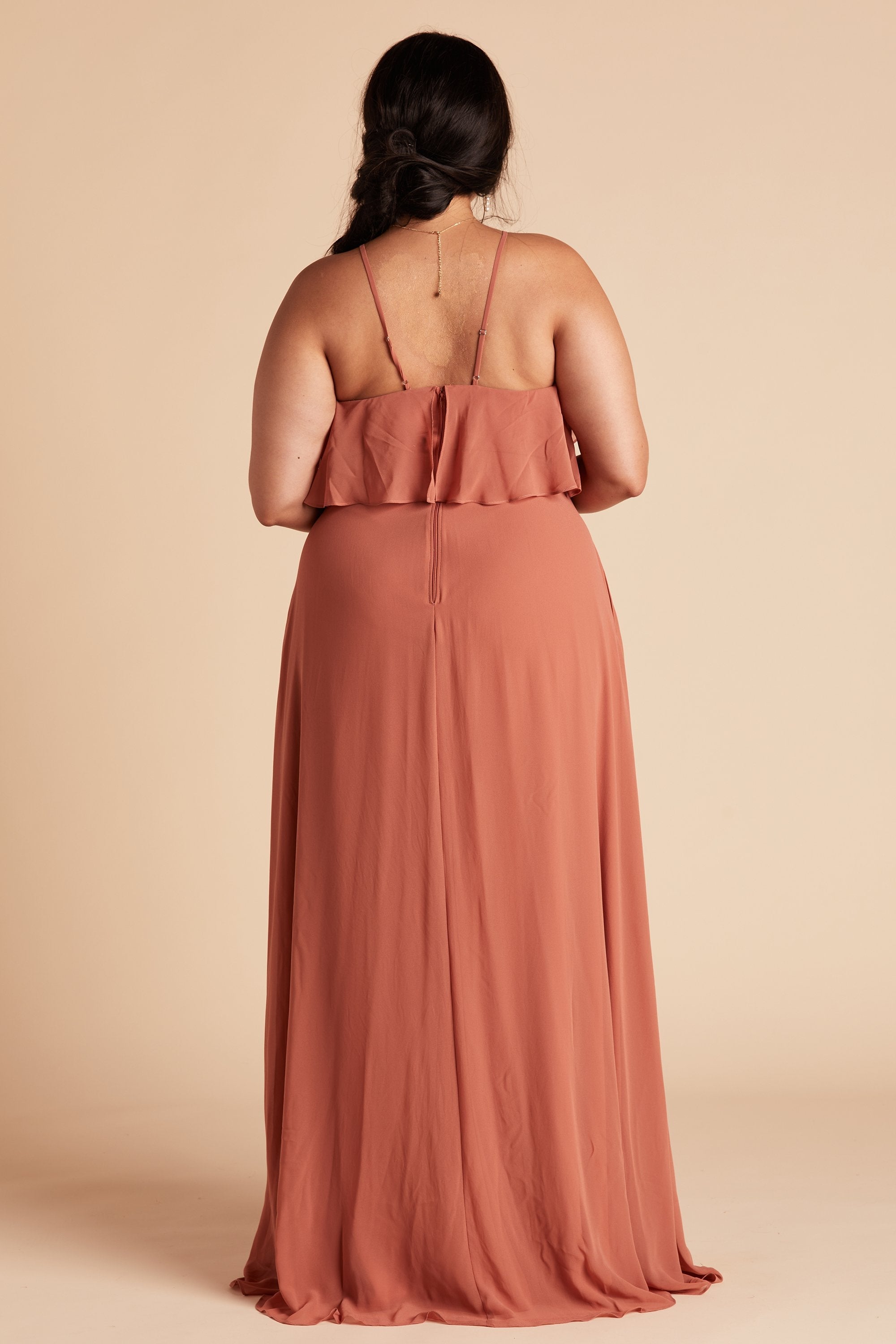 Jules plus size bridesmaid dress in terracotta orange chiffon by Birdy Grey, back view