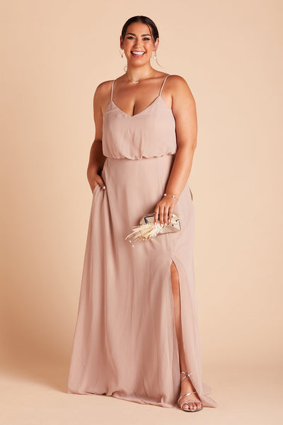 Gwennie plus size bridesmaid dress with slit in taupe chiffon by Birdy Grey, front view