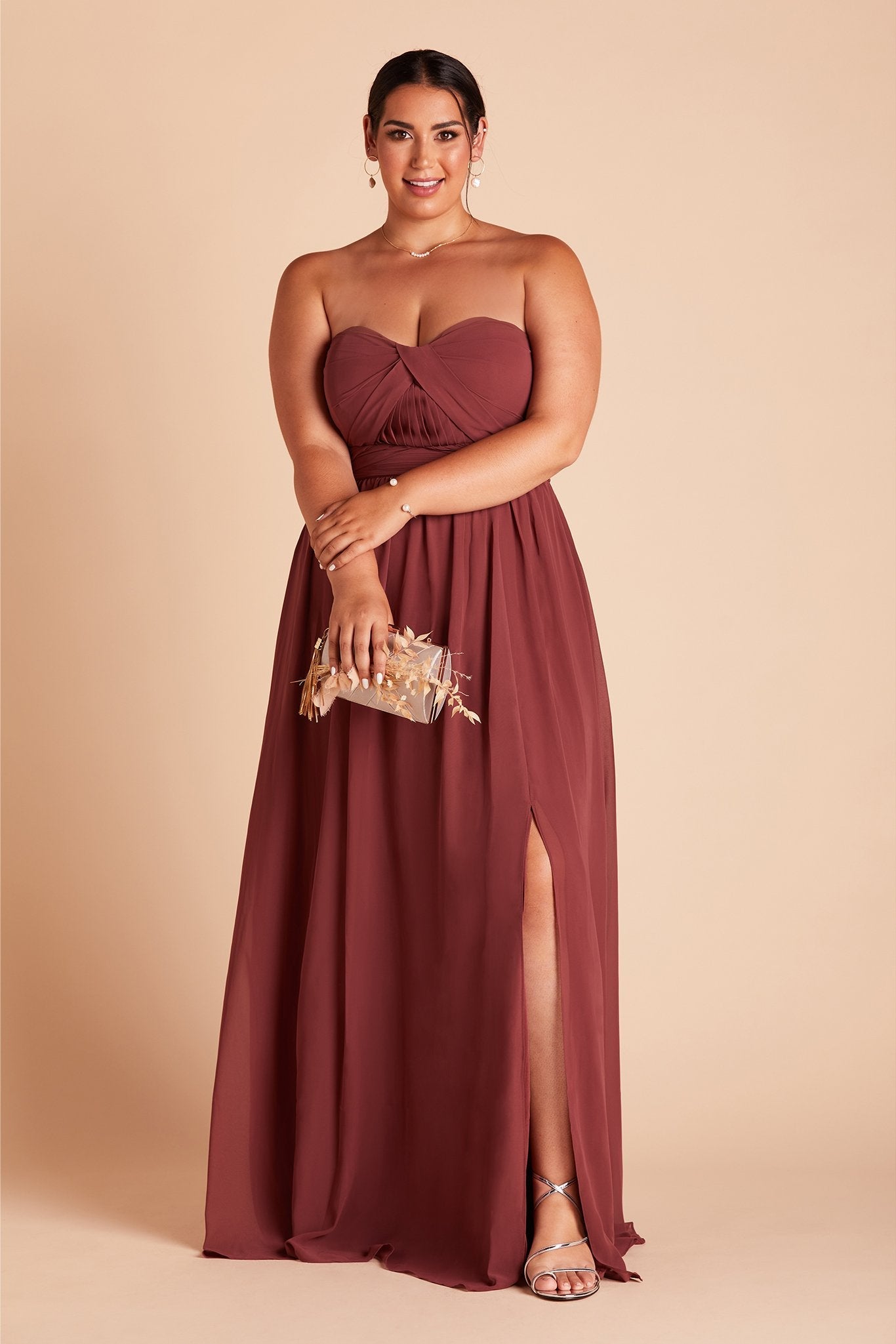 Grace convertible plus size bridesmaid dress with slit in rosewood chiffon by Birdy Grey, front view