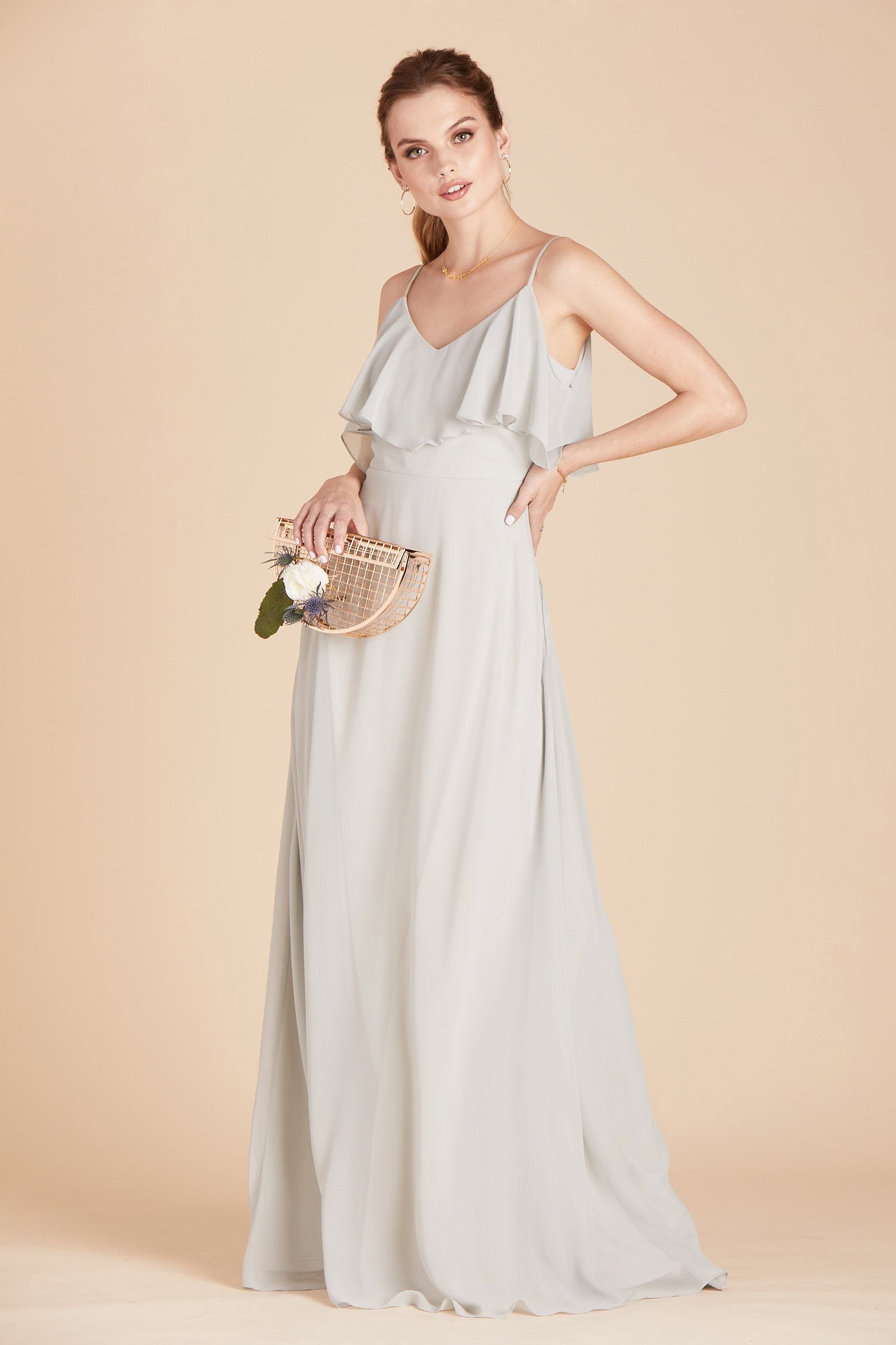 Jane convertible bridesmaid dress in dove gray chiffon by Birdy Grey, front view