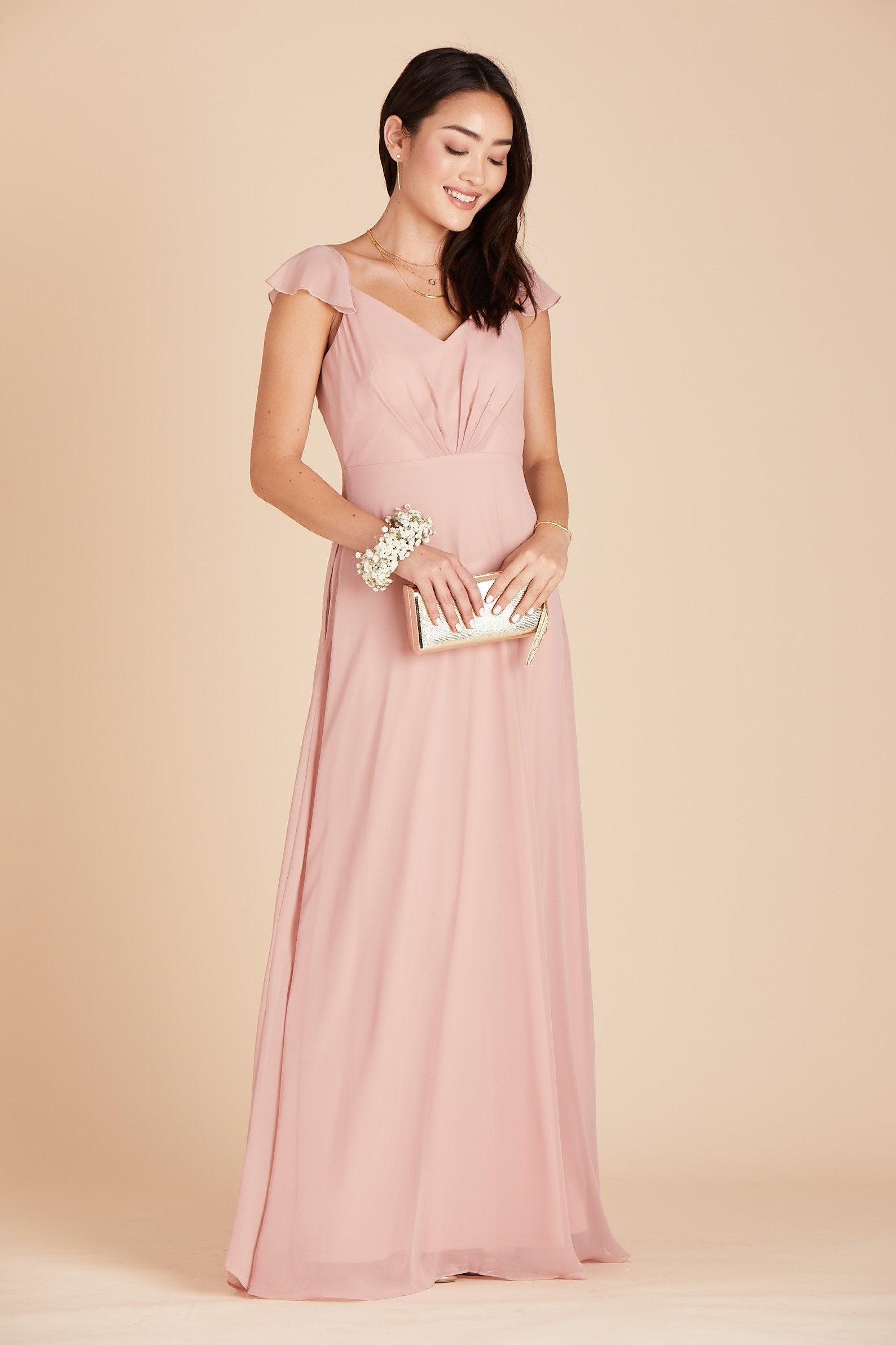 Kae bridesmaids dress in dusty rose pink chiffon by Birdy Grey, front view 