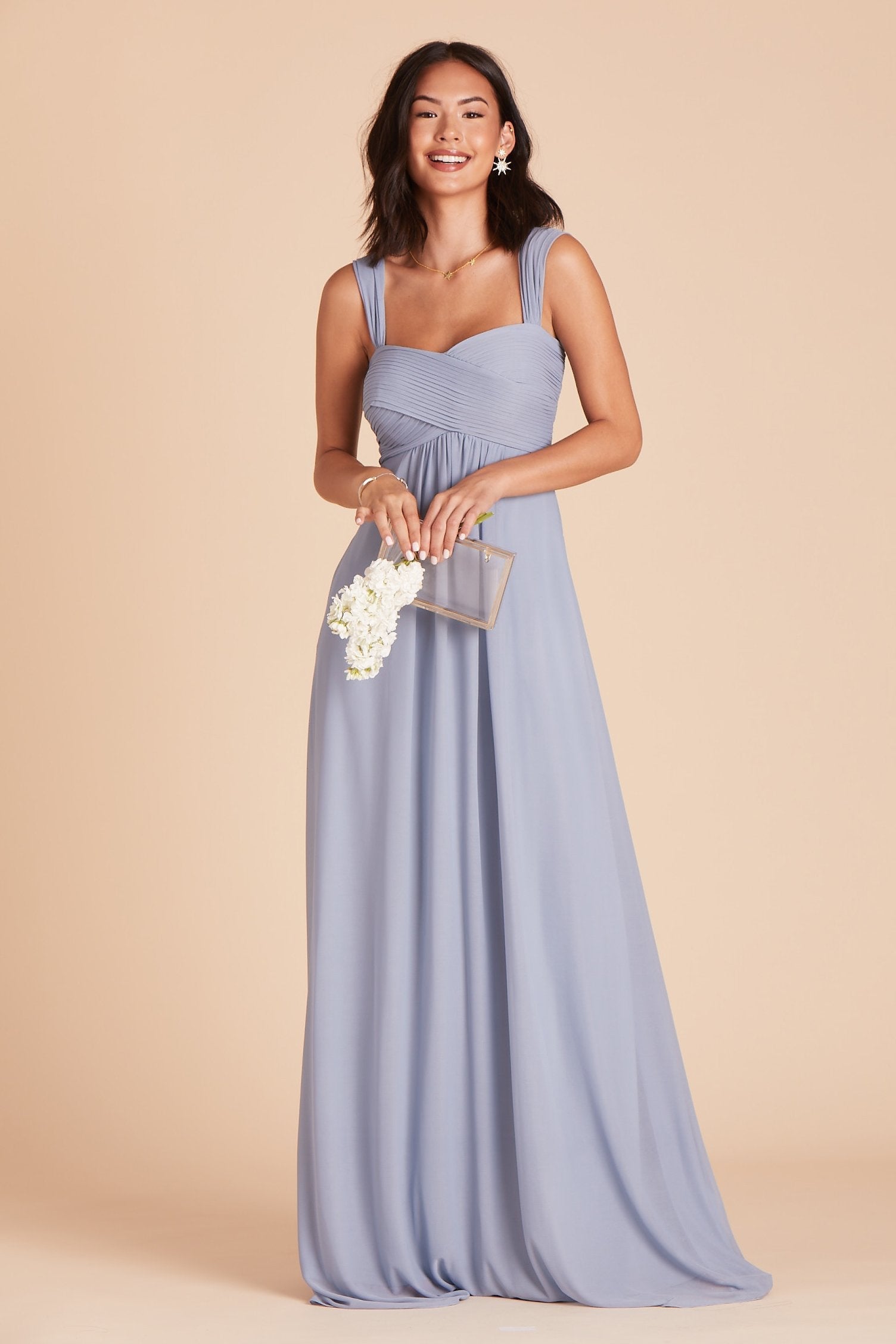 Maria convertible bridesmaids dress in dusty blue chiffon by Birdy Grey, front view