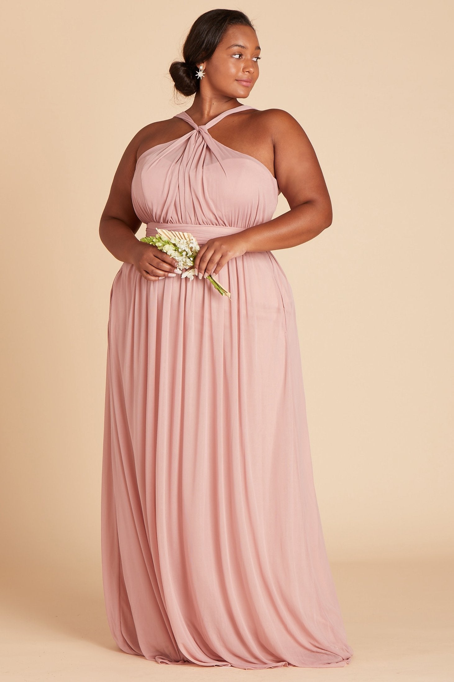 Kiko plus size bridesmaid dress in dusty rose chiffon by Birdy Grey, front view