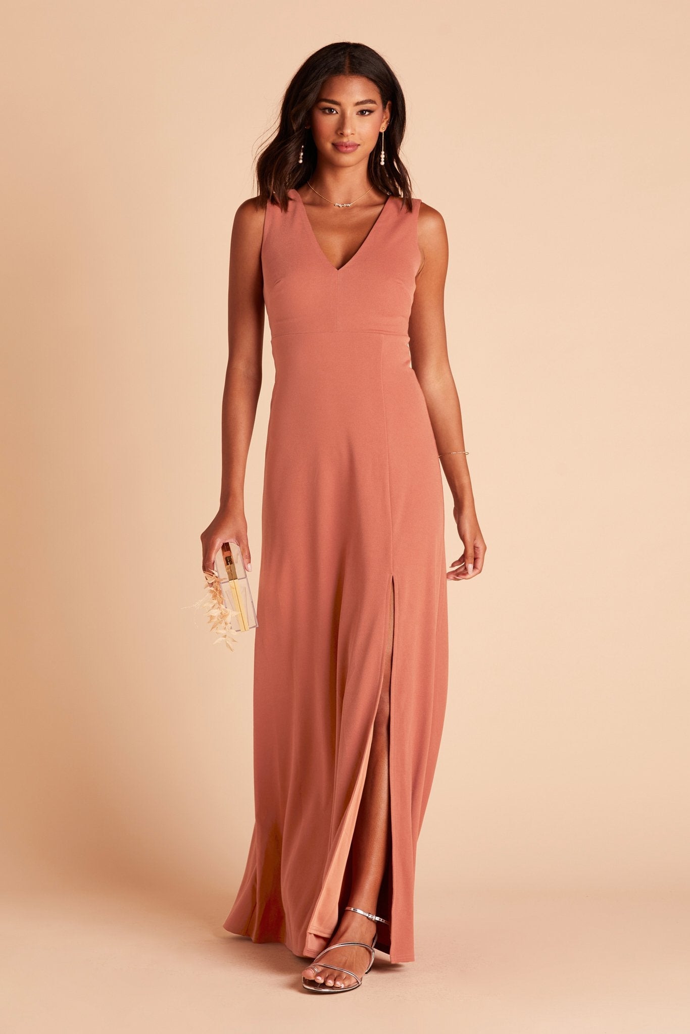 Shamin bridesmaid dress with slit in terracotta crepe by Birdy Grey, front view