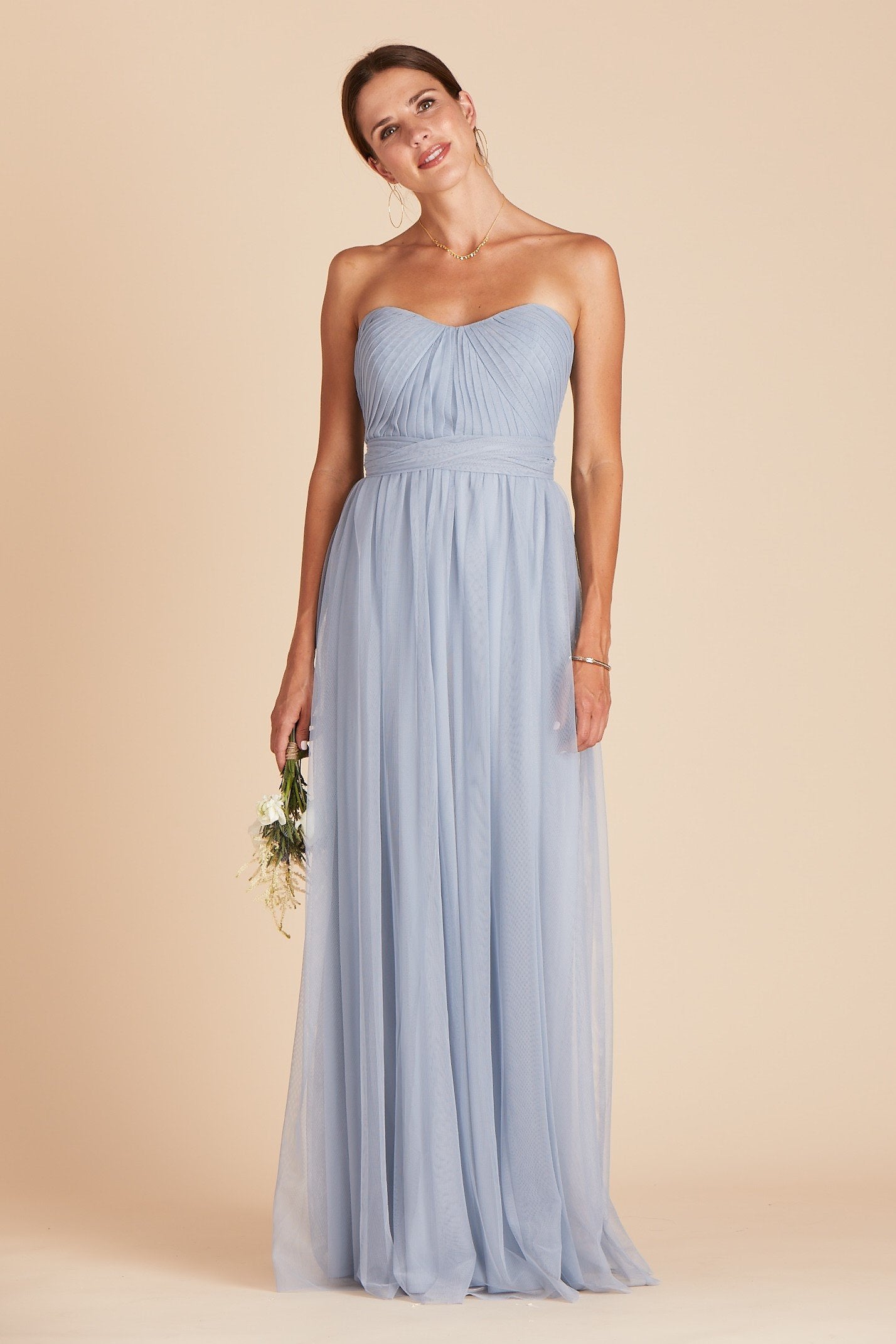 Christina convertible bridesmaid dress in dusty blue tulle by Birdy Grey, front view