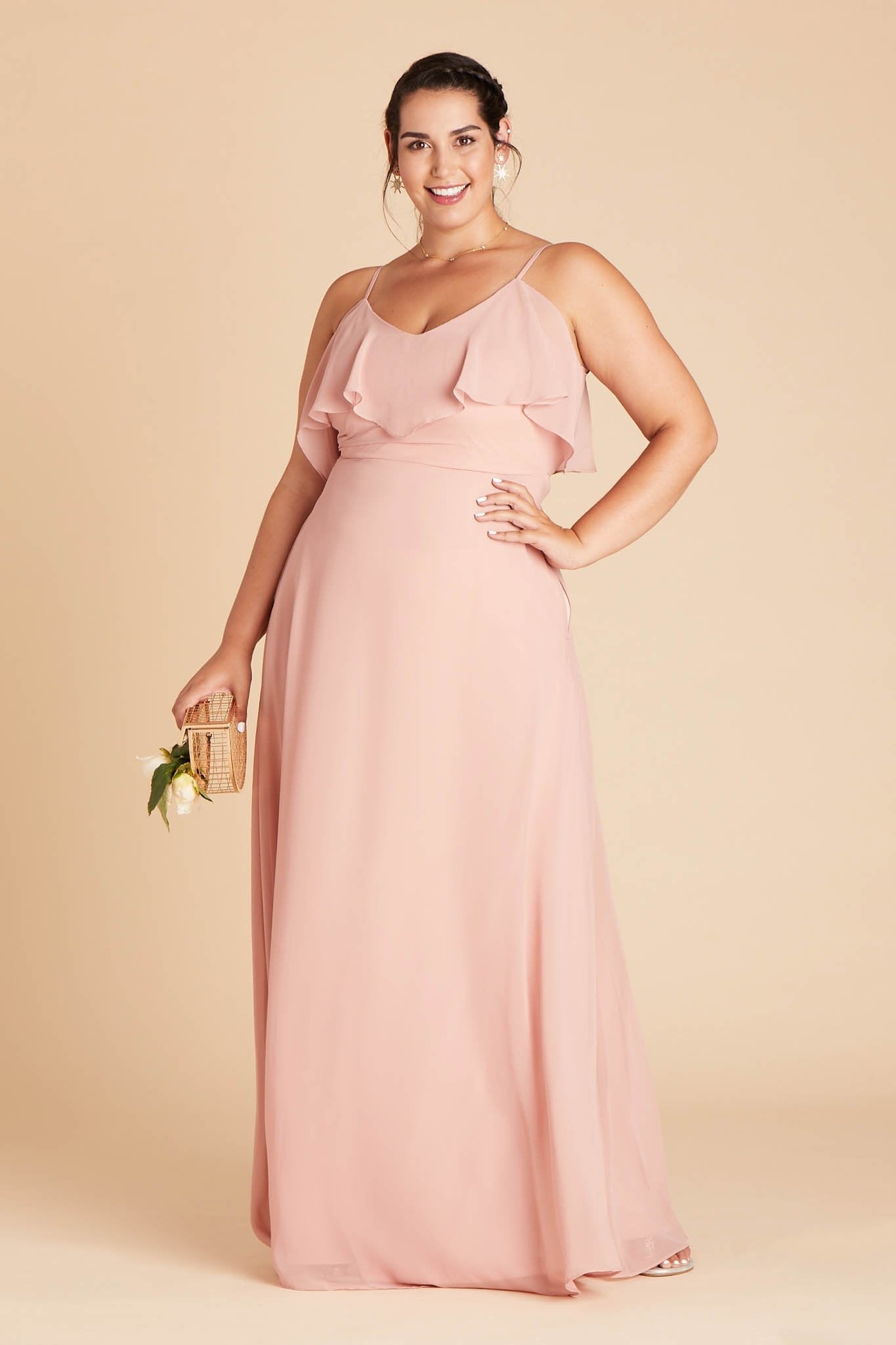 Jane convertible plus size bridesmaid dress in dusty rose chiffon by Birdy Grey, front view