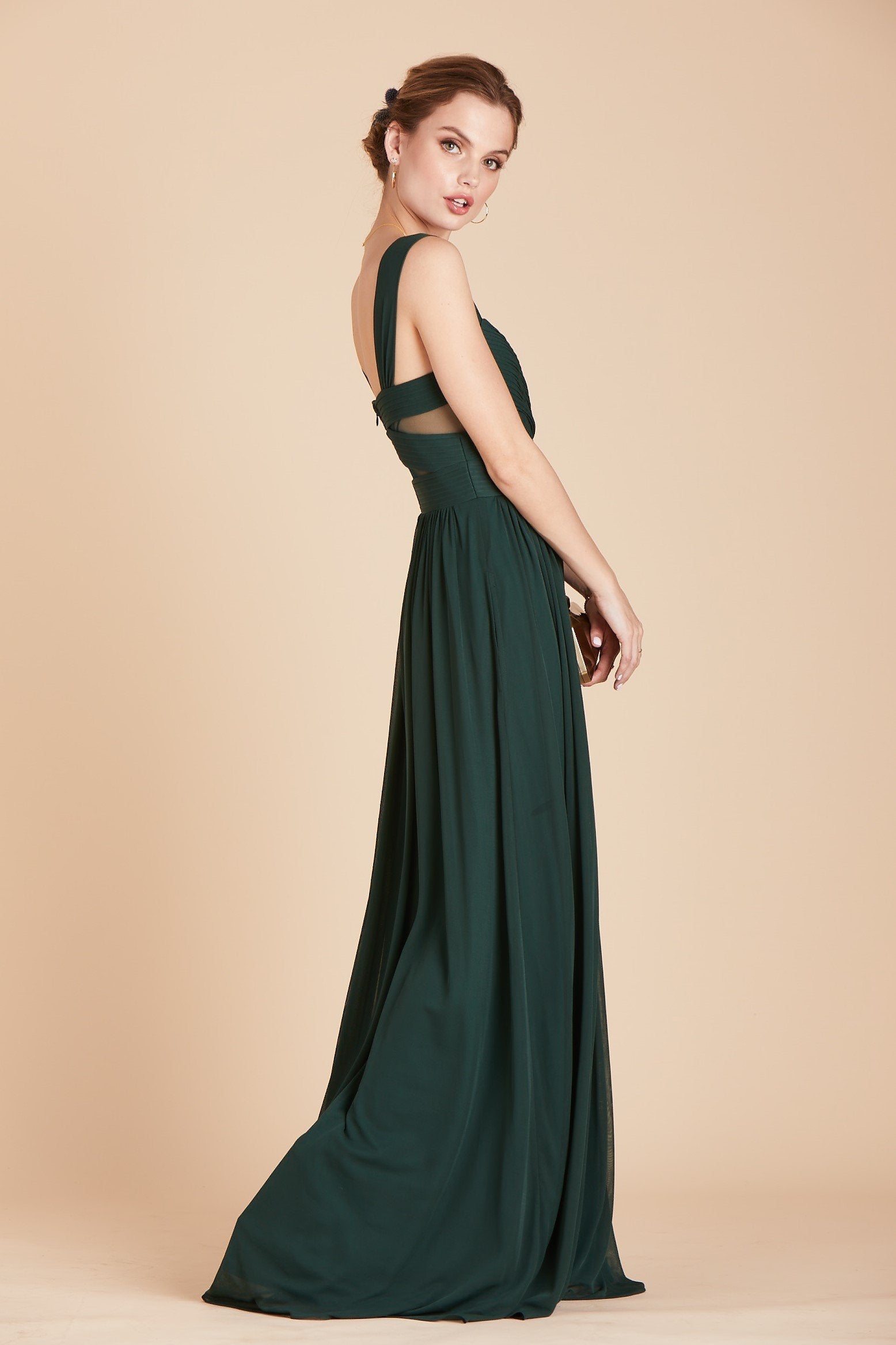 Elsye bridesmaid dress in emerald green chiffon by Birdy Grey, side view