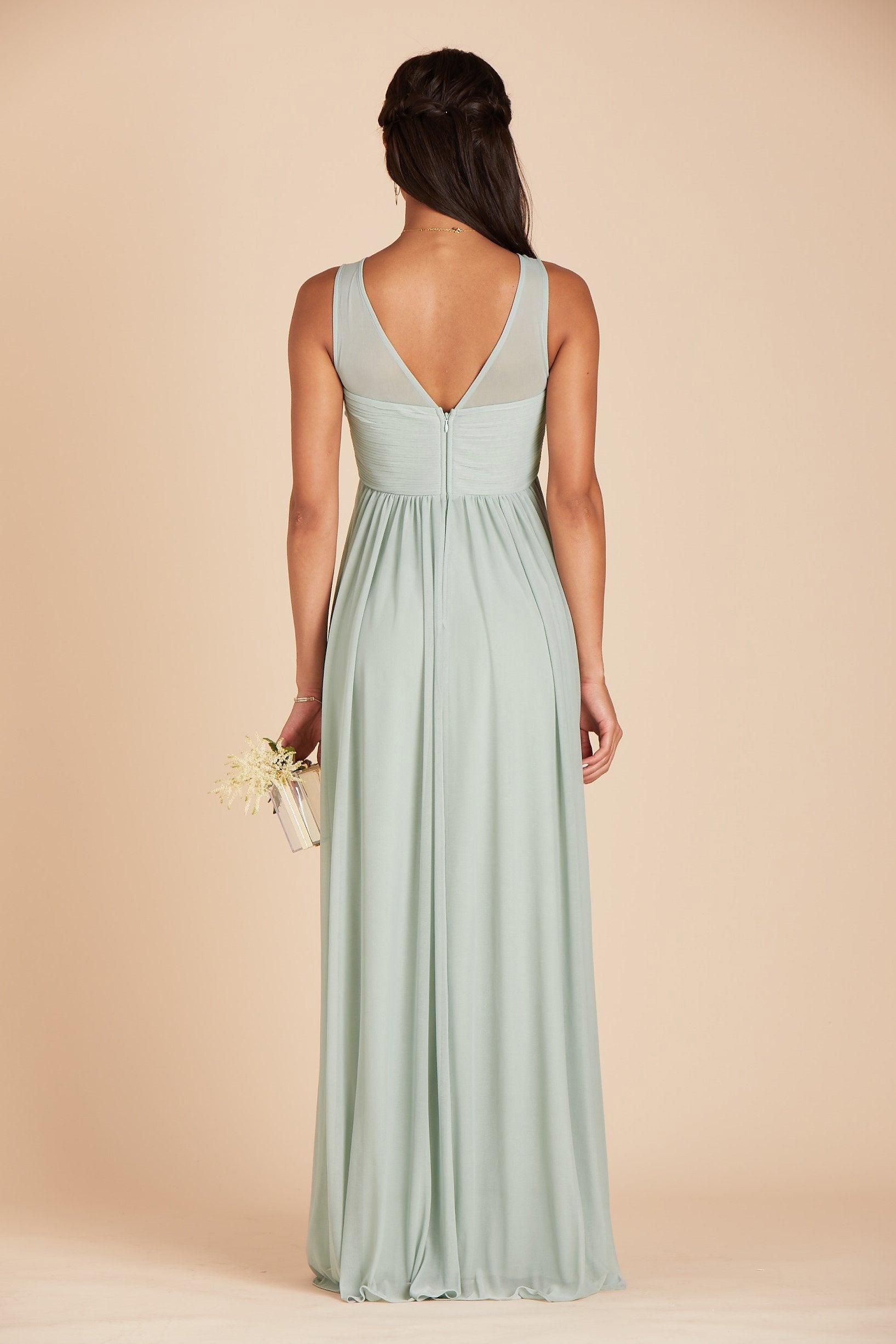 Ryan bridesmaid dress in sage green chiffon by Birdy Grey, back view