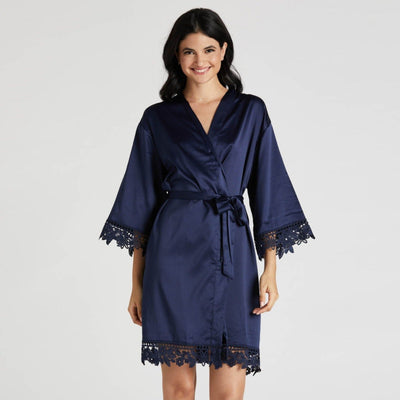 Satin Lace Robe in navy blue by Birdy Grey, front view