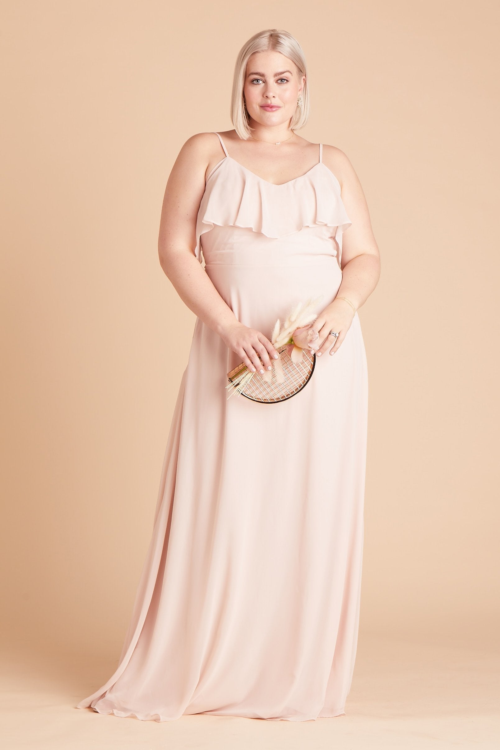 Jane convertible plus size bridesmaid dress in pale blush chiffon by Birdy Grey, front view