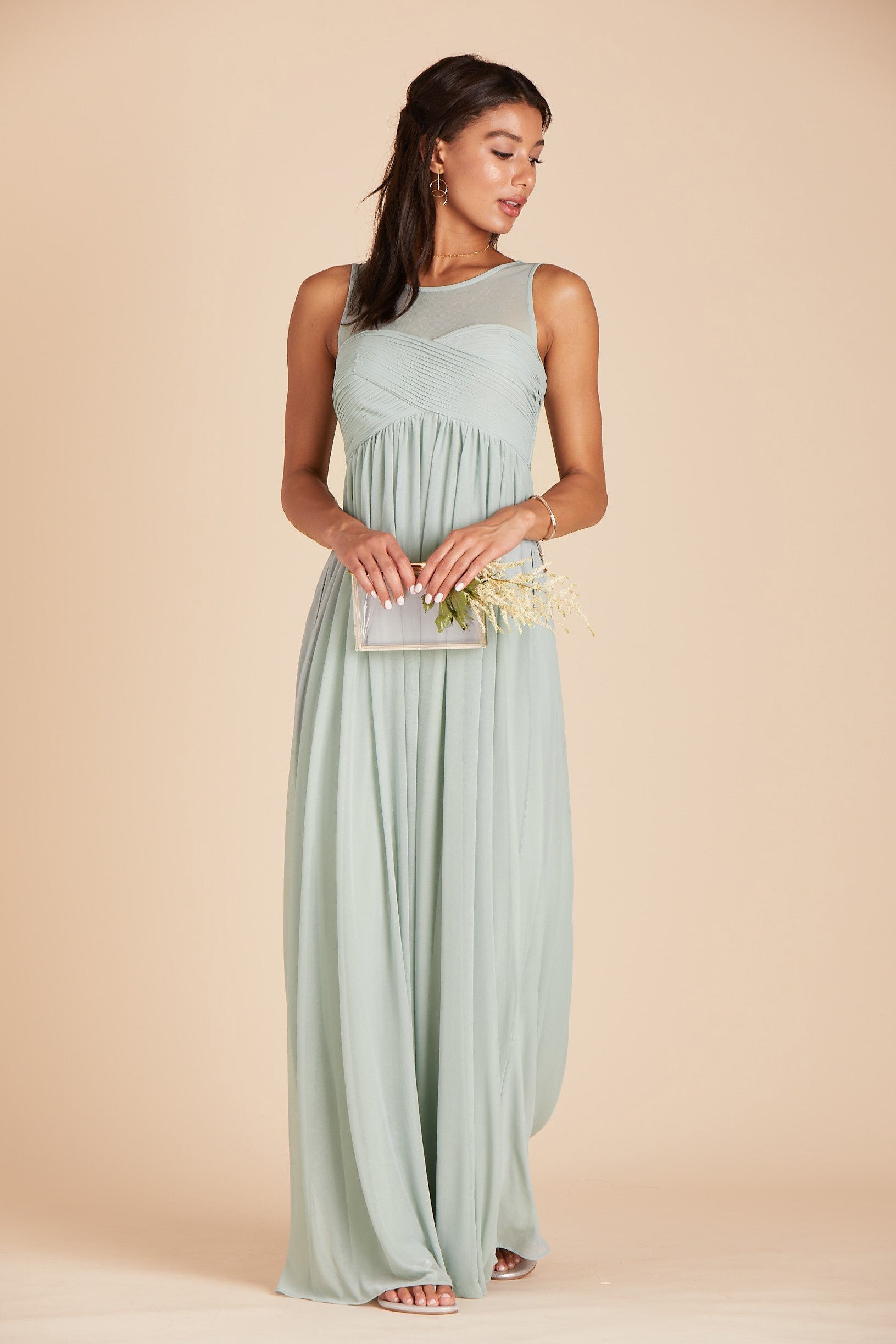 Ryan bridesmaid dress in sage green chiffon by Birdy Grey, front view