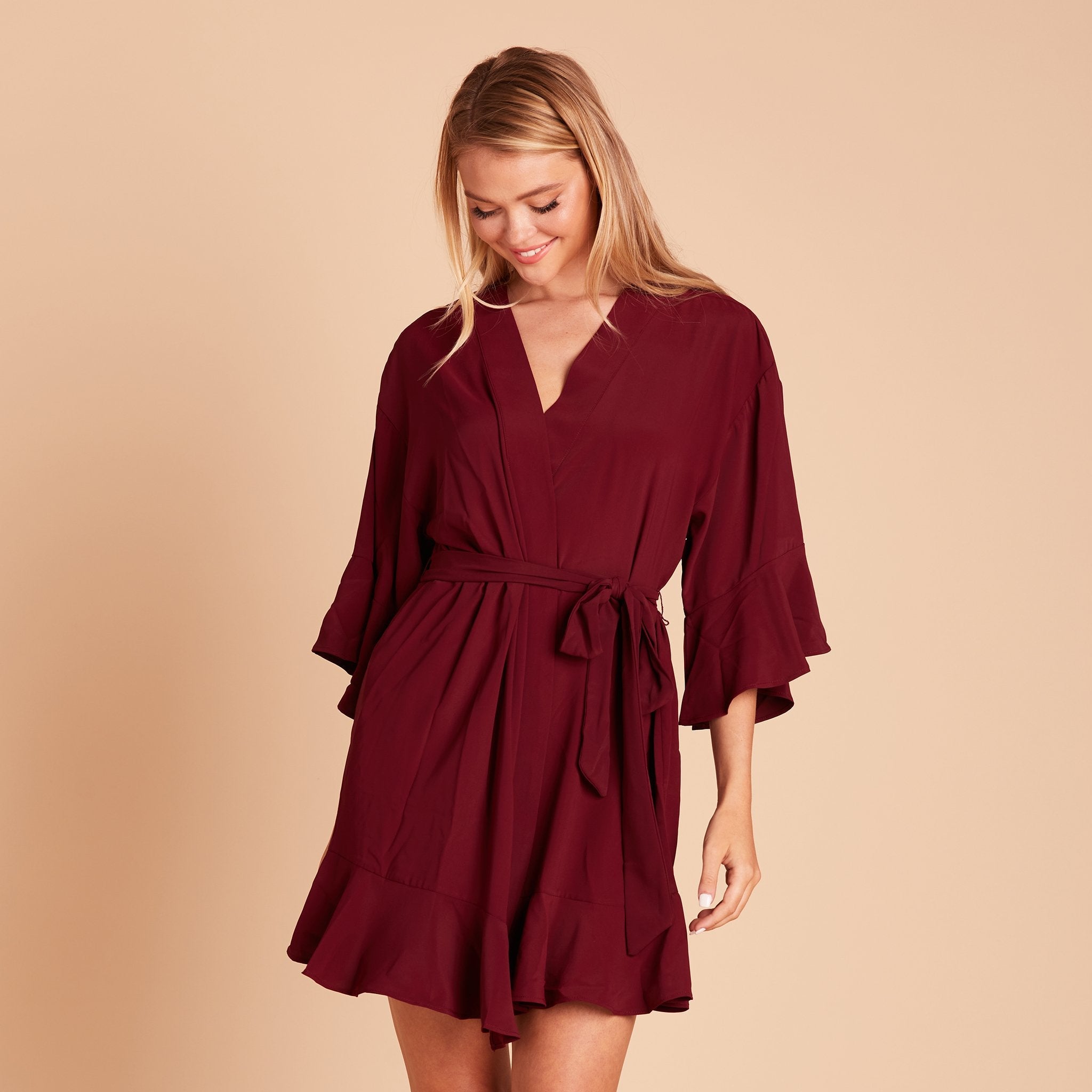 Kenny Ruffle Robe in cabernet burgundy by Birdy Grey, front view