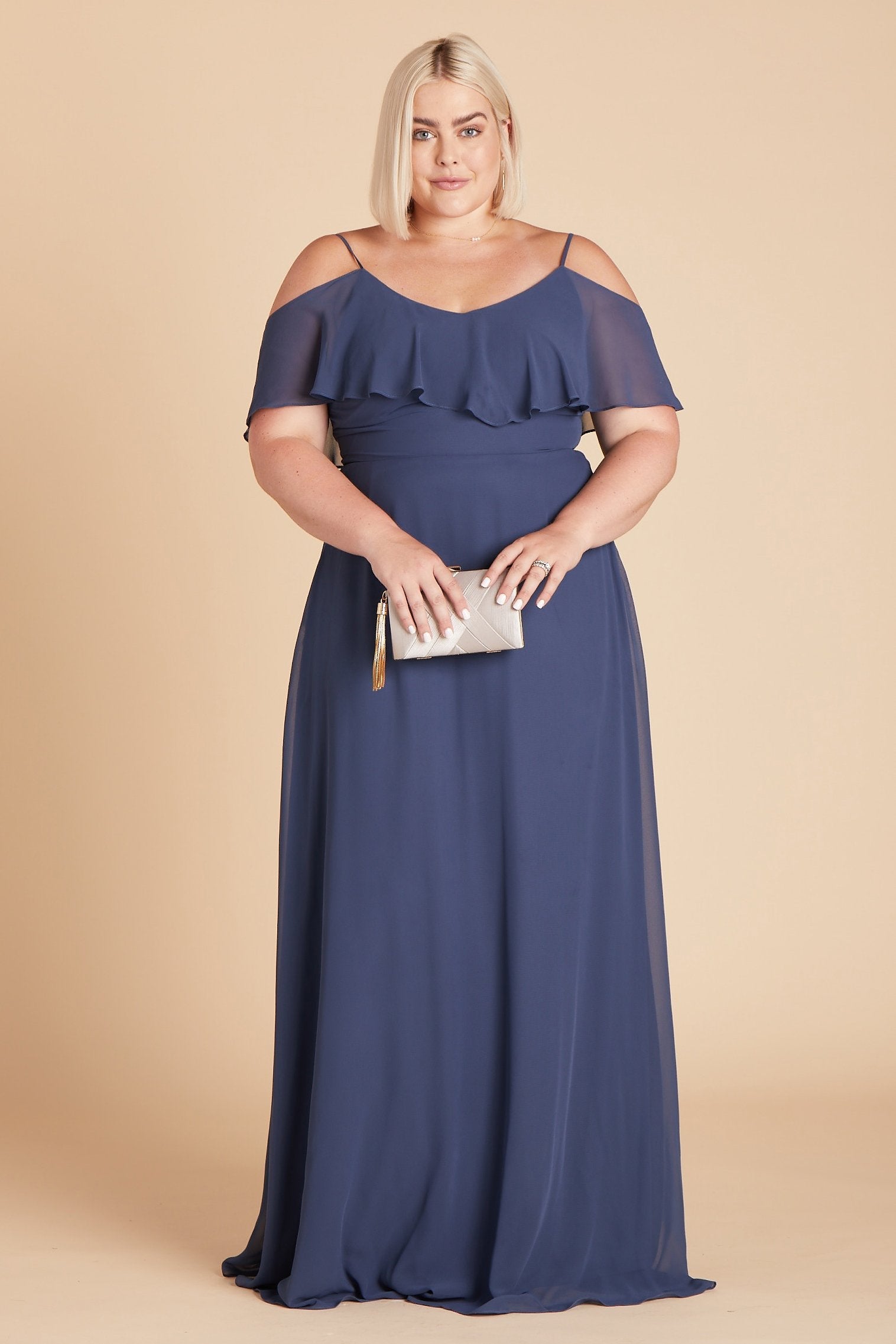 Jane convertible plus size bridesmaid dress in slate blue chiffon by Birdy Grey, front view