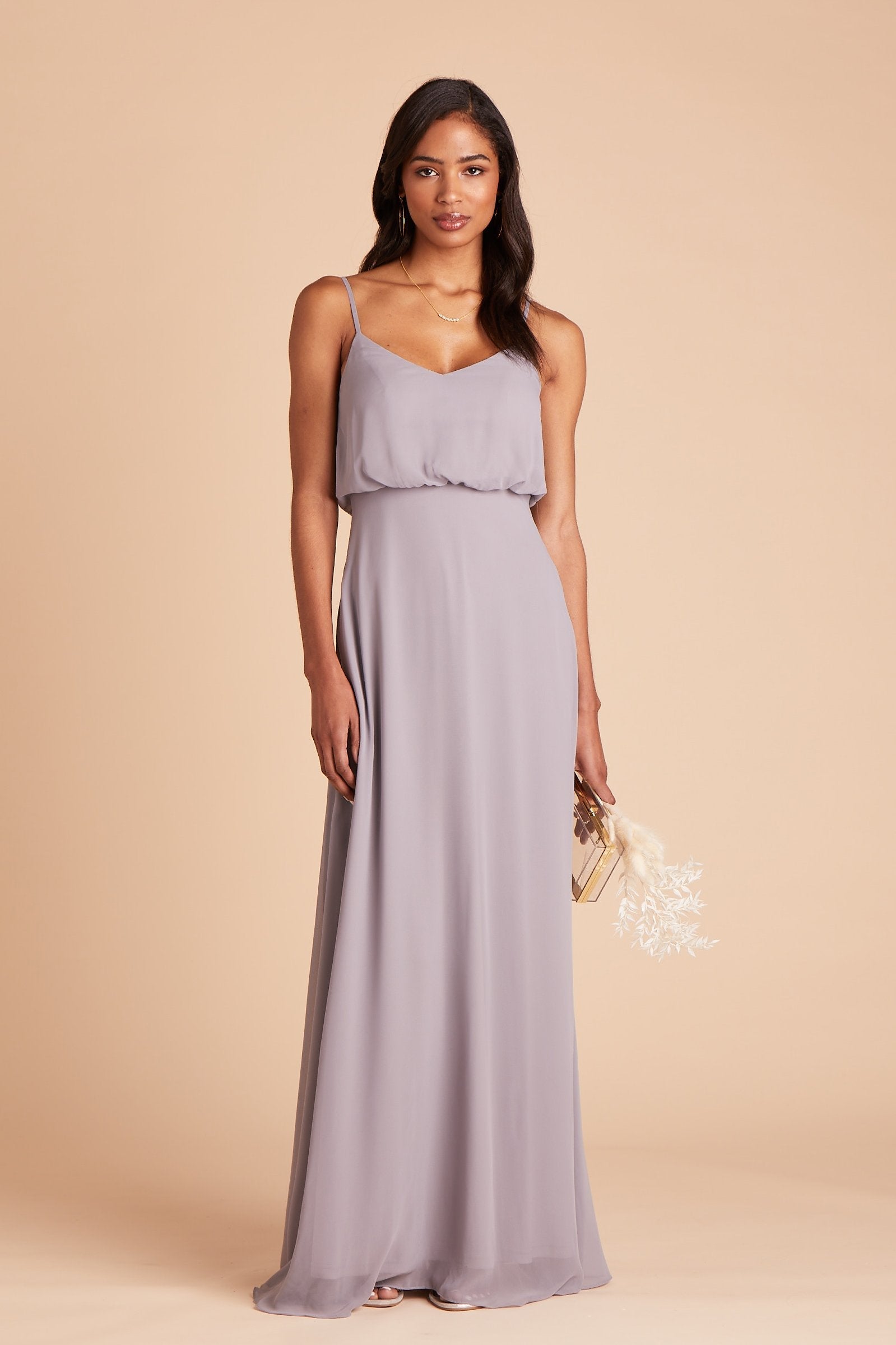 Gwennie bridesmaid dress in silver chiffon by Birdy Grey, front view