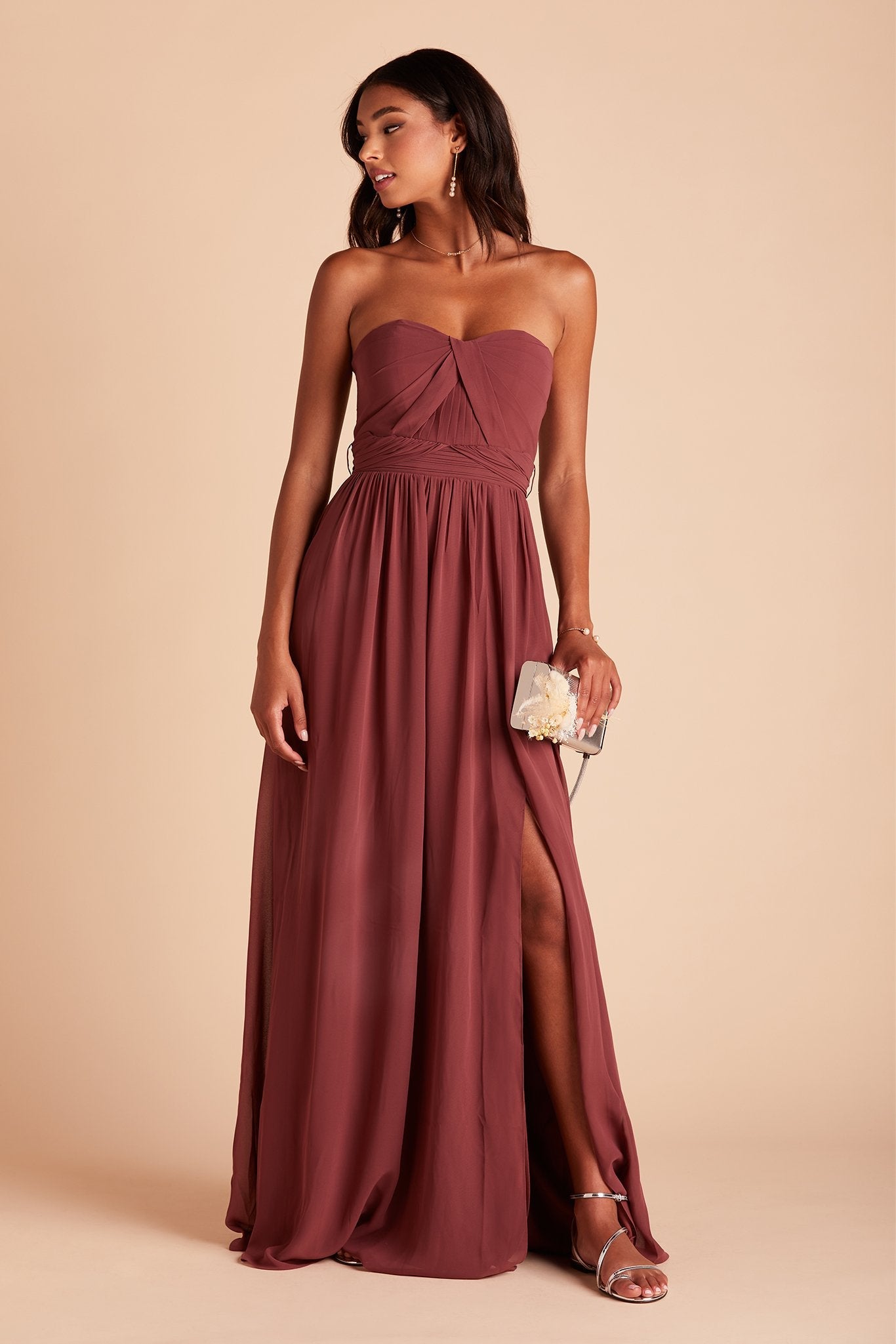 Grace convertible bridesmaid dress with slit in rosewood chiffon by Birdy Grey, front view