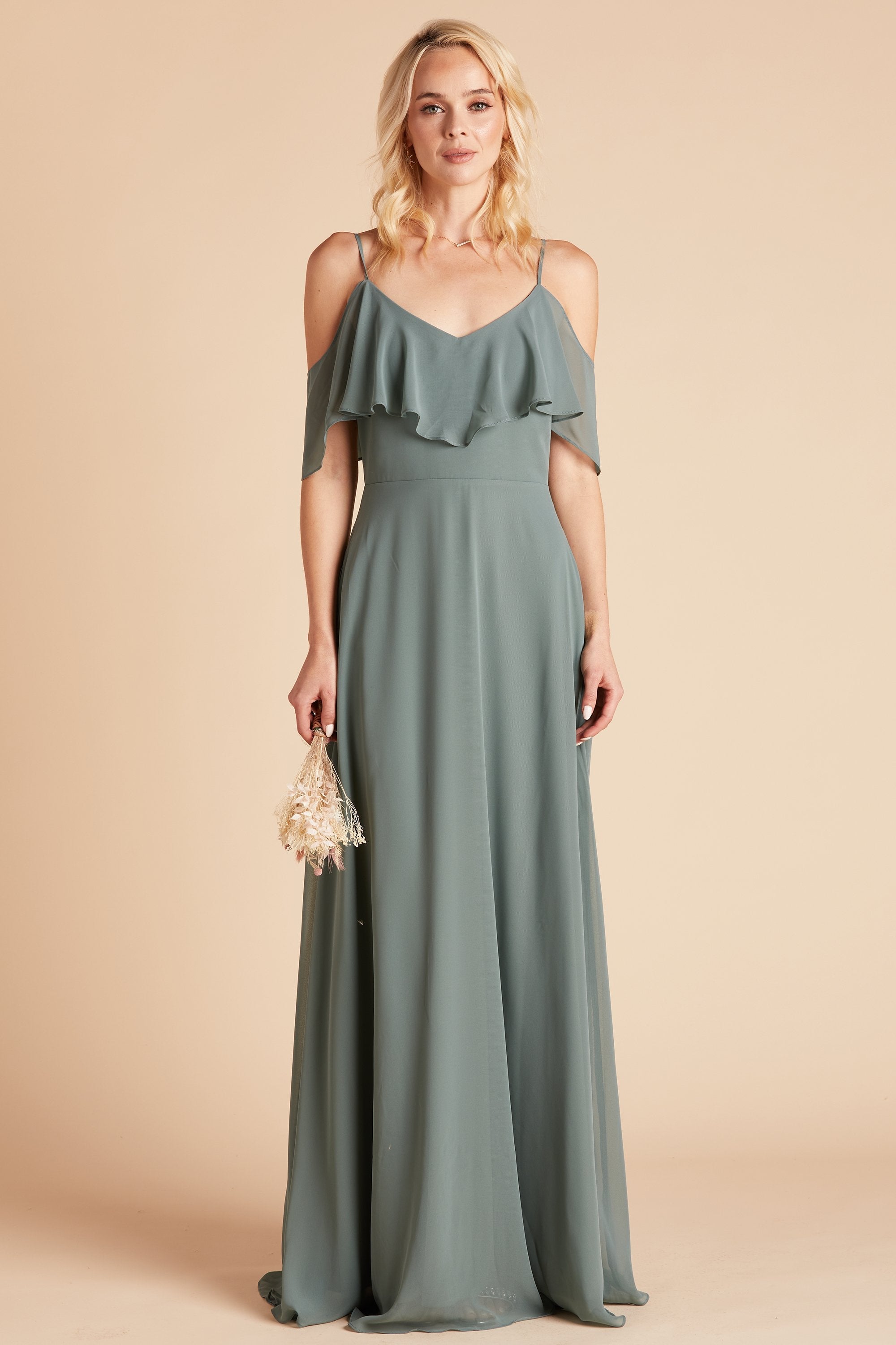 Jane convertible bridesmaid dress in sea glass green chiffon by Birdy Grey, front view