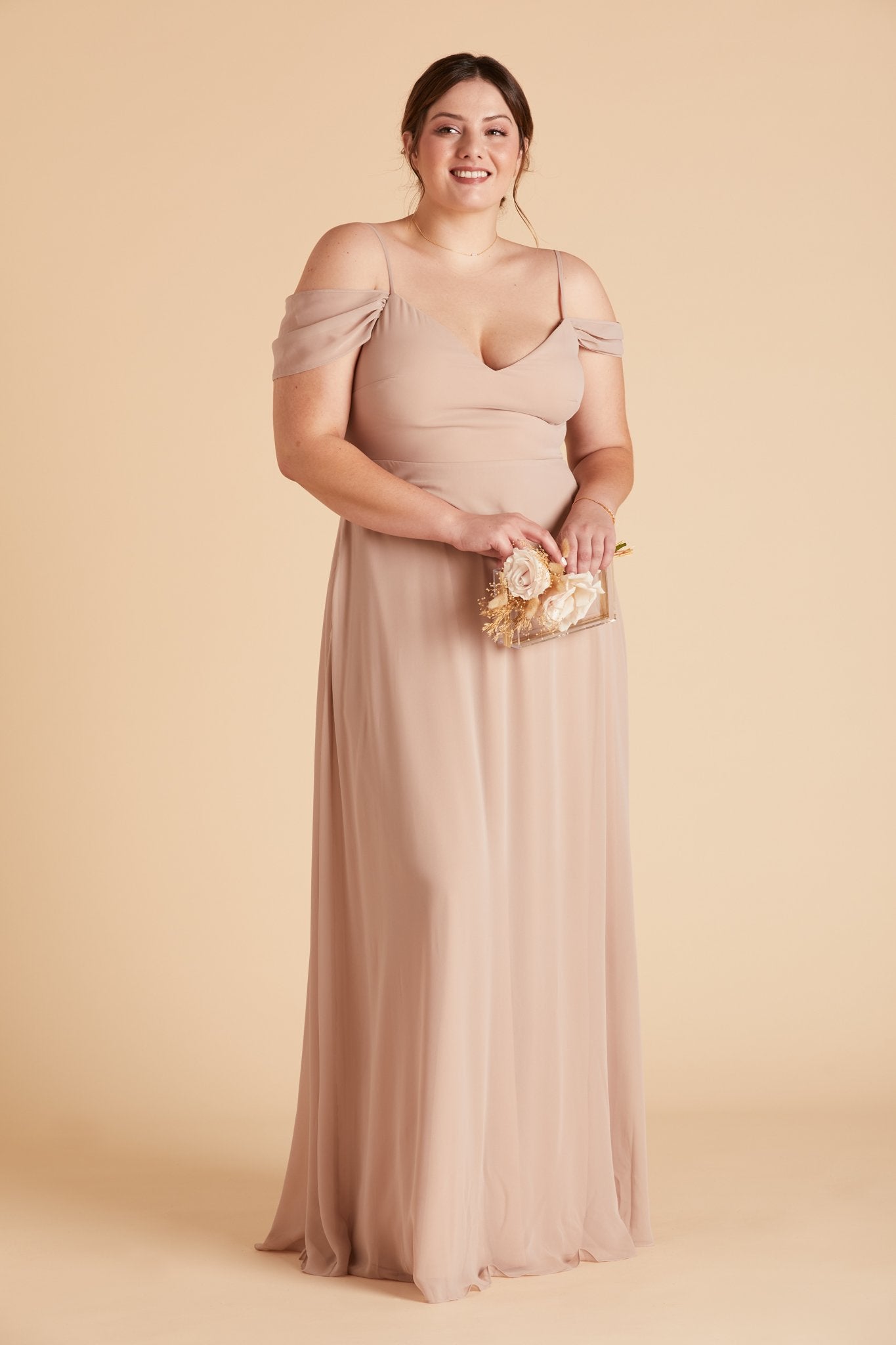 Devin convertible plus size bridesmaids dress in taupe chiffon by Birdy Grey, front view