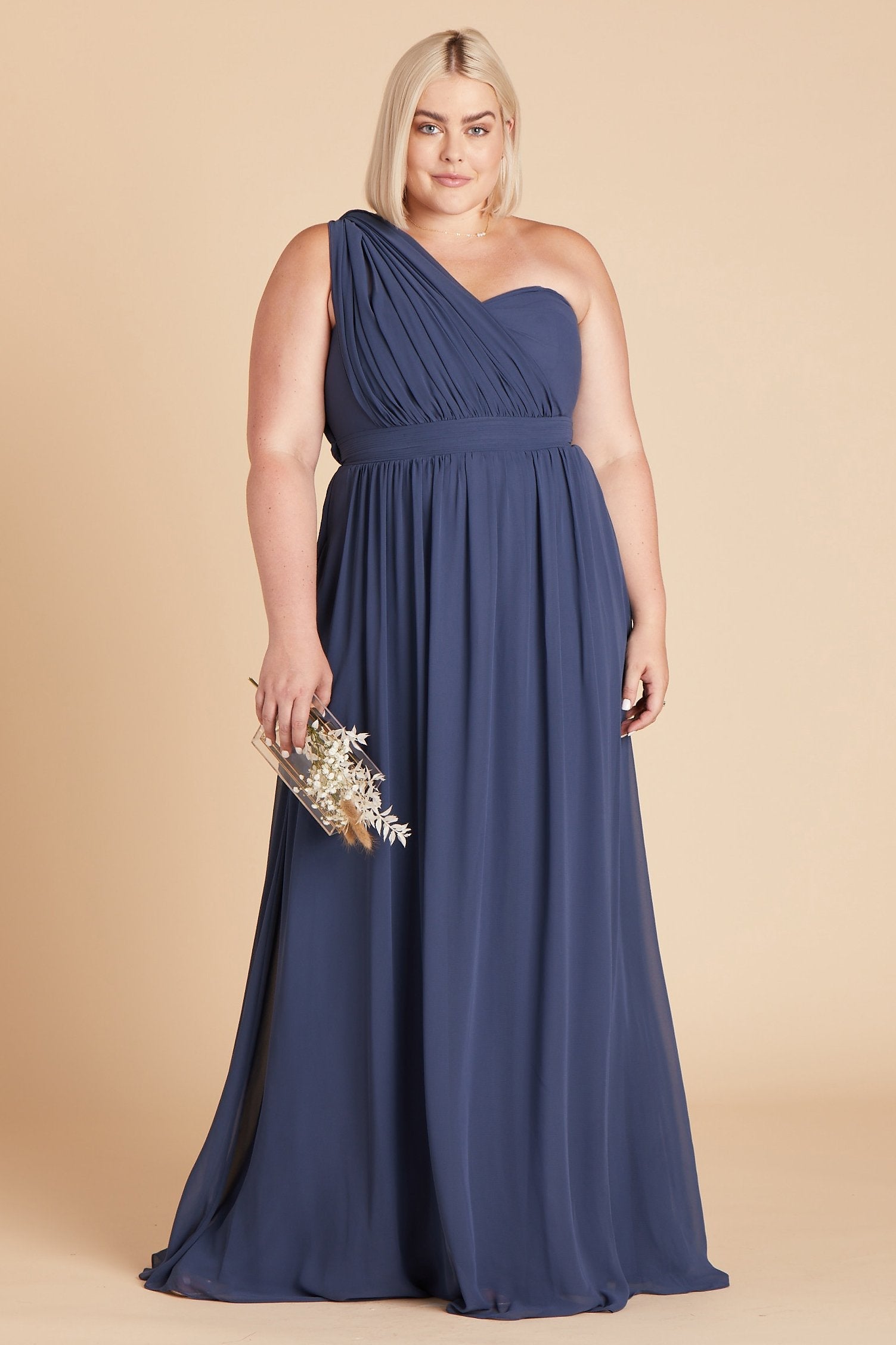 Grace convertible plus size bridesmaid dress with slit in slate blue chiffon by Birdy Grey, front view