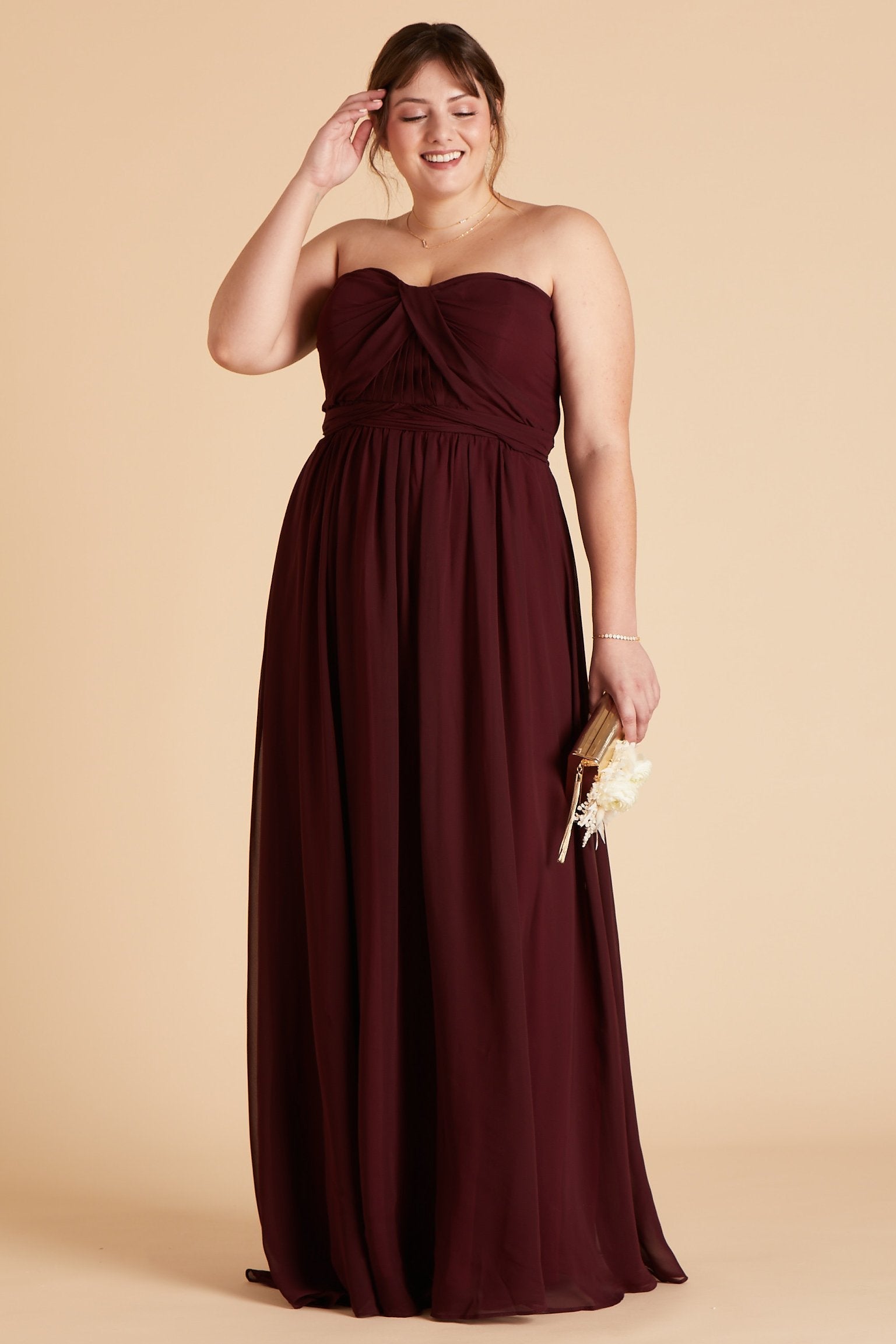 Grace convertible plus size bridesmaid dress in cabernet burgundy chiffon by Birdy Grey, front view