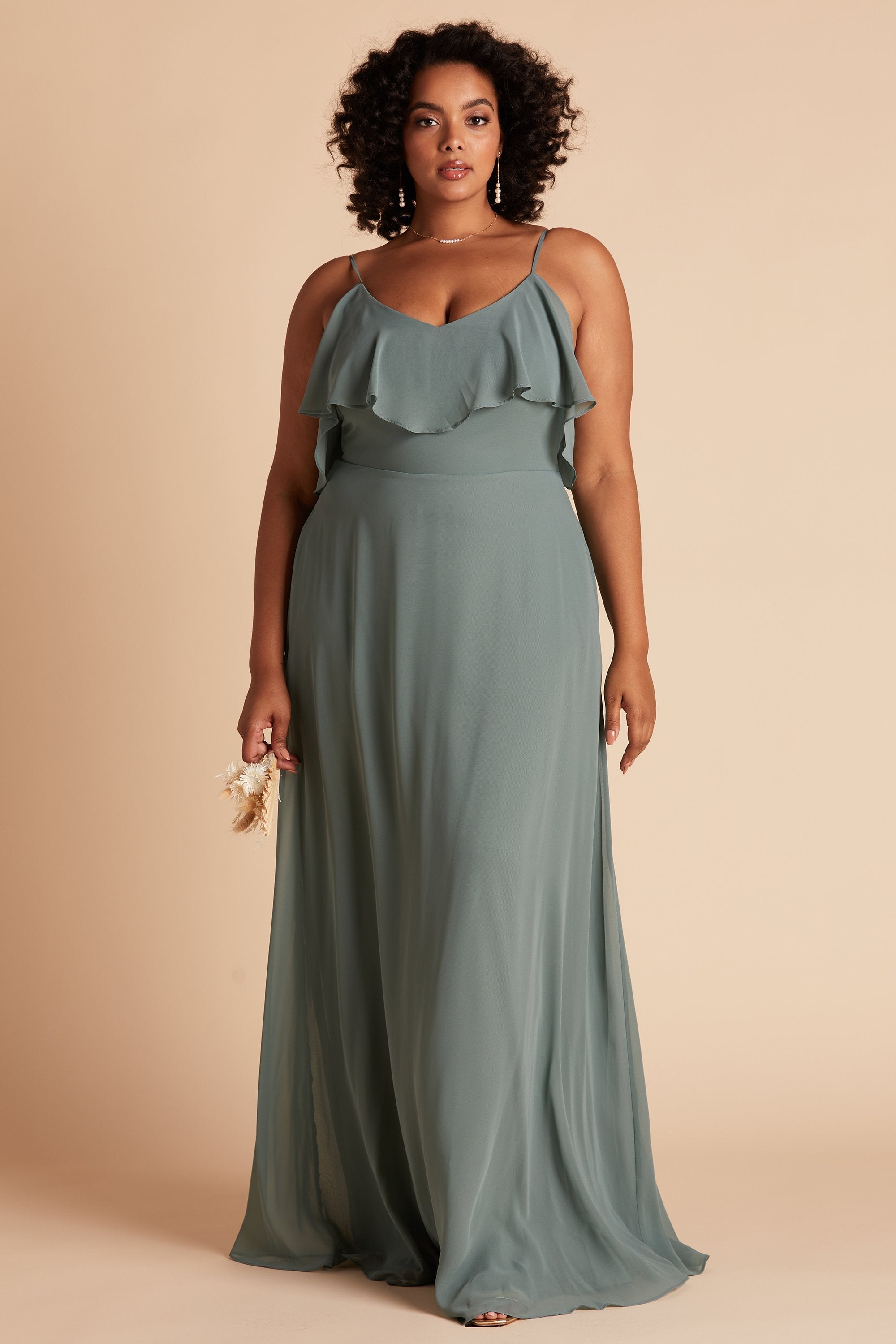 Jane convertible plus size bridesmaid dress in sea glass green chiffon by Birdy Grey, front view