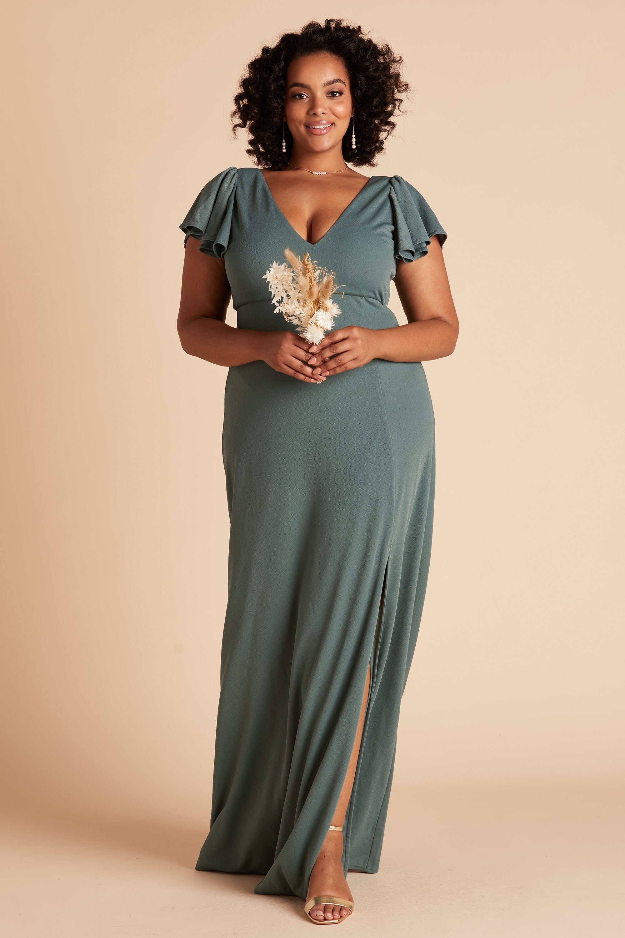 Hannah bridesmaid dress with slit in sea glass green crepe by Birdy Grey, front view