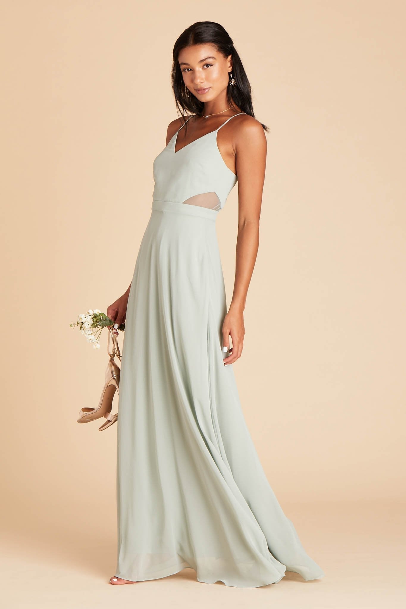 Lin bridesmaid dress in sage green chiffon by Birdy Grey, side view