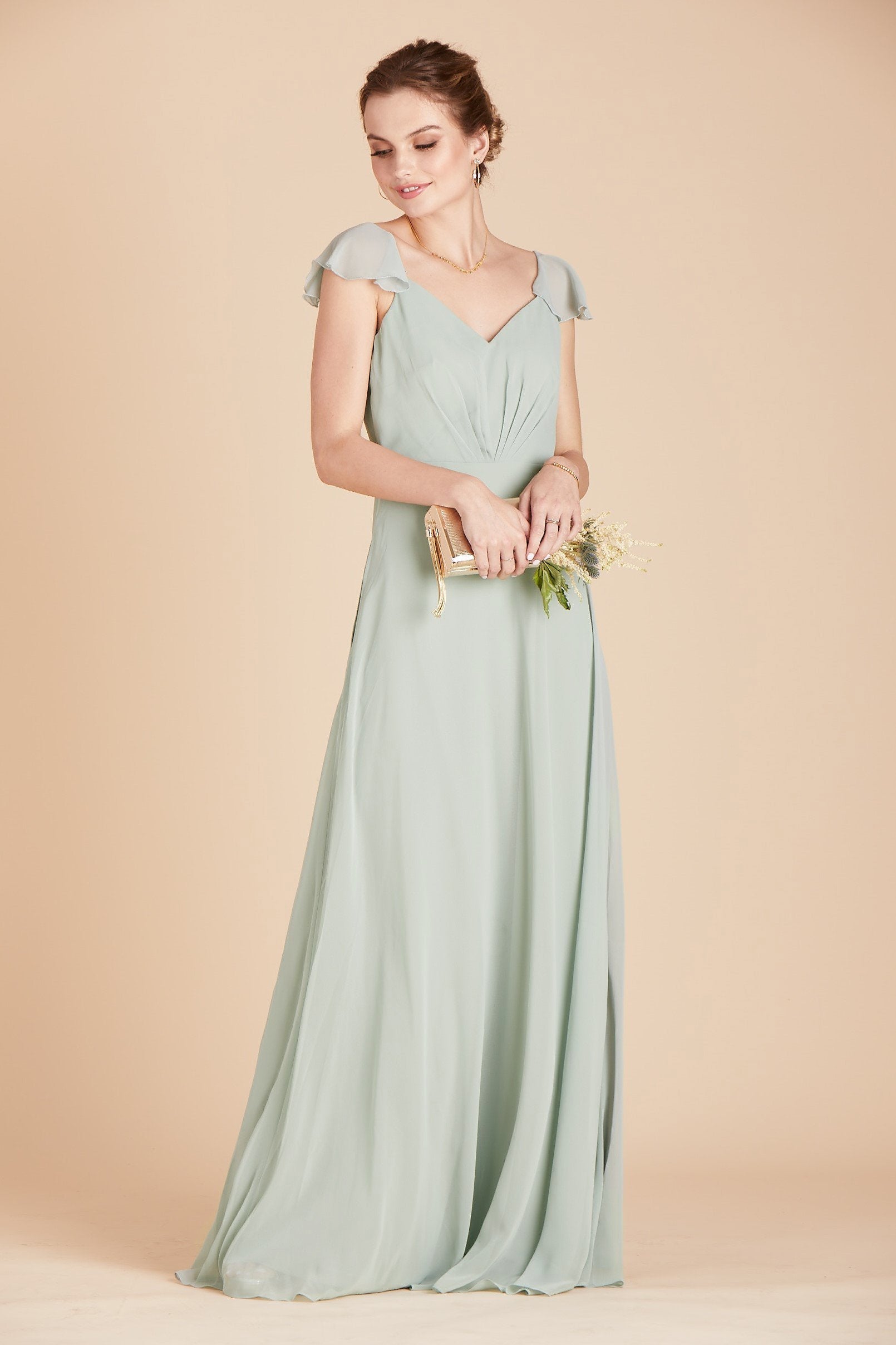 Kae bridesmaid dress in sage green chiffon by Birdy Grey, front view