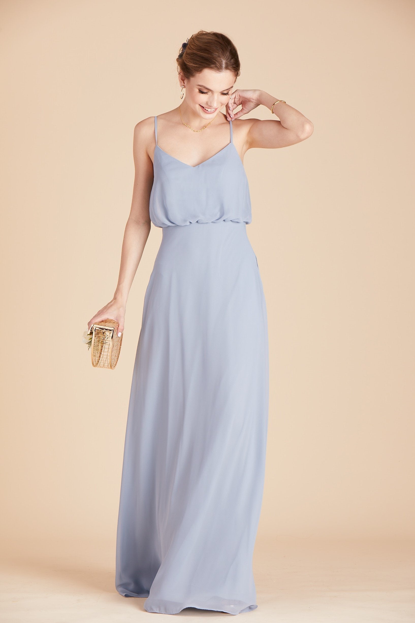 Gwennie bridesmaid dress in dusty blue chiffon by Birdy Grey, front view