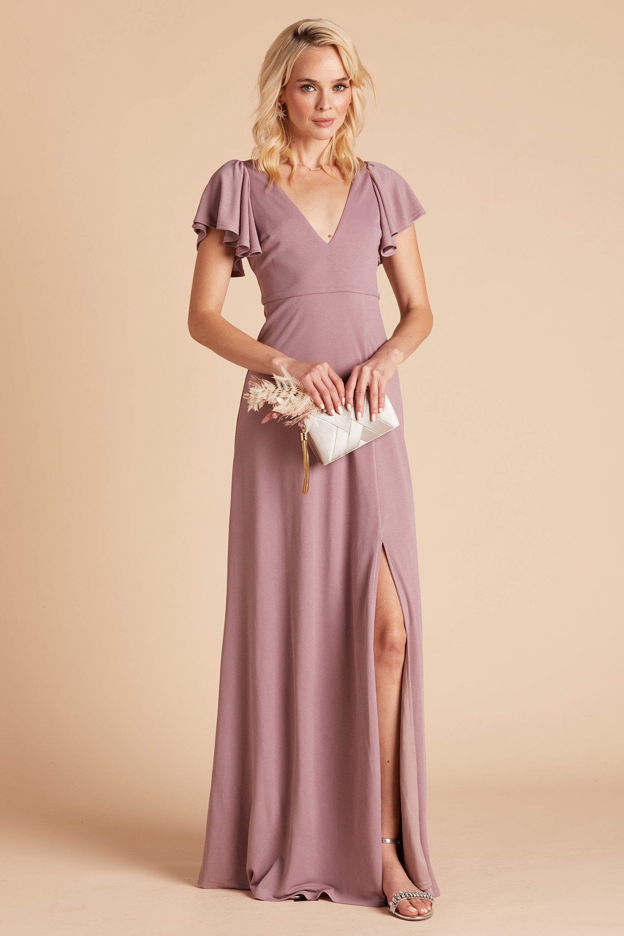 Hannah bridesmaid dress with slit in dark mauve chiffon by Birdy Grey, front view